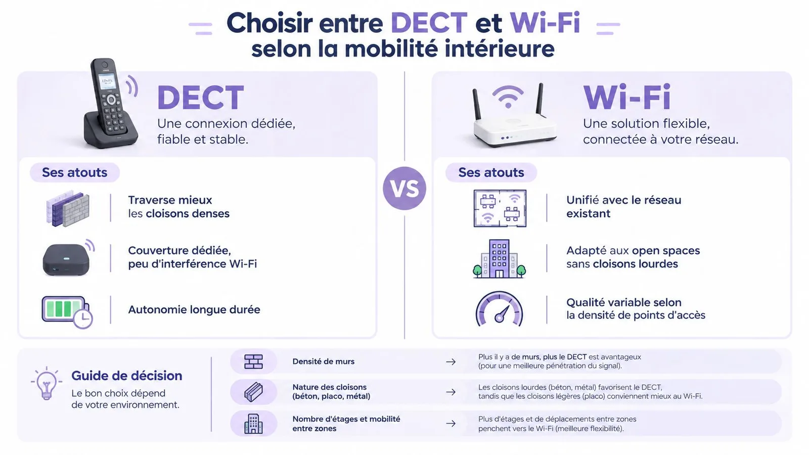 Comparaison entre la technologie DECT et Wi-Fi pour choisir le système de téléphonie intérieure le mieux adapté.