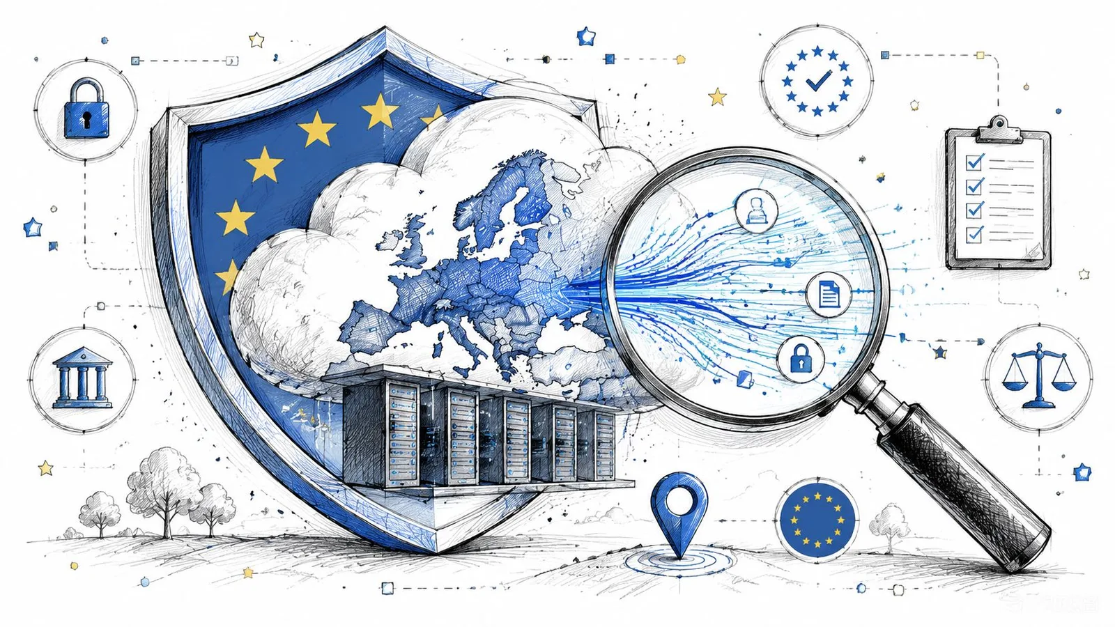 Illustration stylisée représentant la protection des données dans le cloud européen avec un bouclier et une loupe.