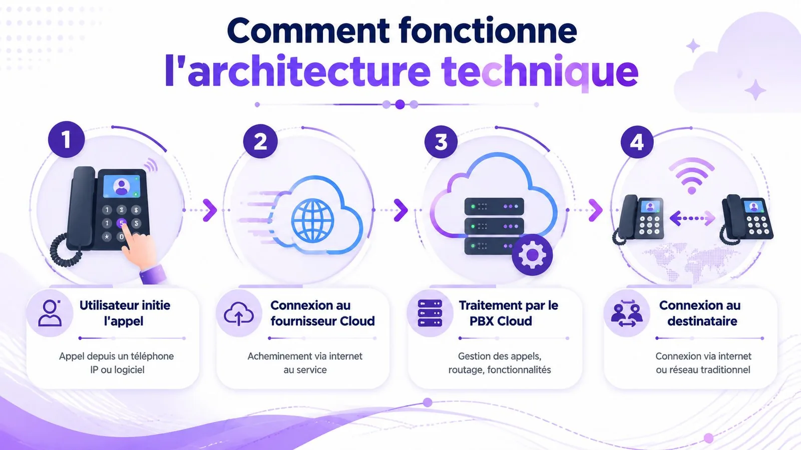 Schéma explicatif montrant les quatre étapes du fonctionnement technique d'un système de téléphonie professionnelle dans le cloud.