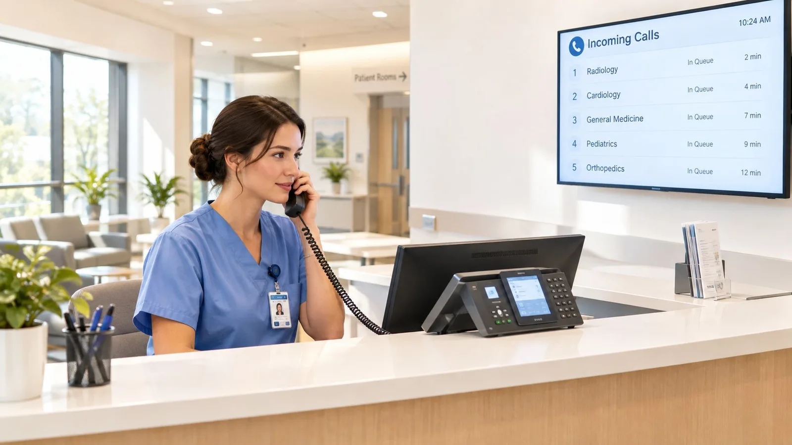 Une réceptionniste médicale souriante au téléphone dans le hall moderne d'un établissement de santé.