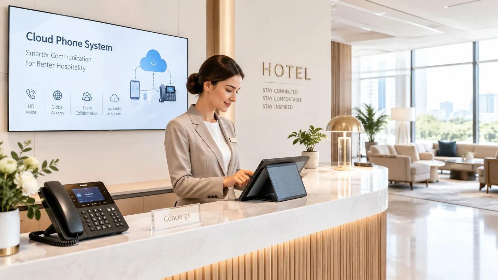 Une réceptionniste d'hôtel souriante utilisant un système de téléphonie cloud moderne au comptoir d'accueil élégant.