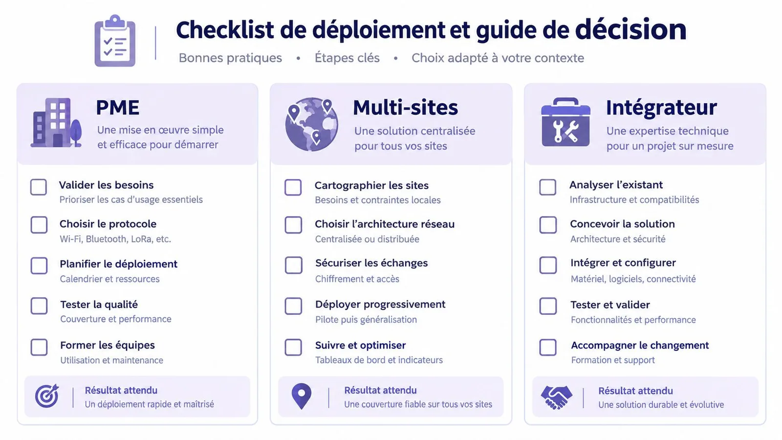 Une infographie présentant un guide de décision et une checklist pour le déploiement de solutions techniques.