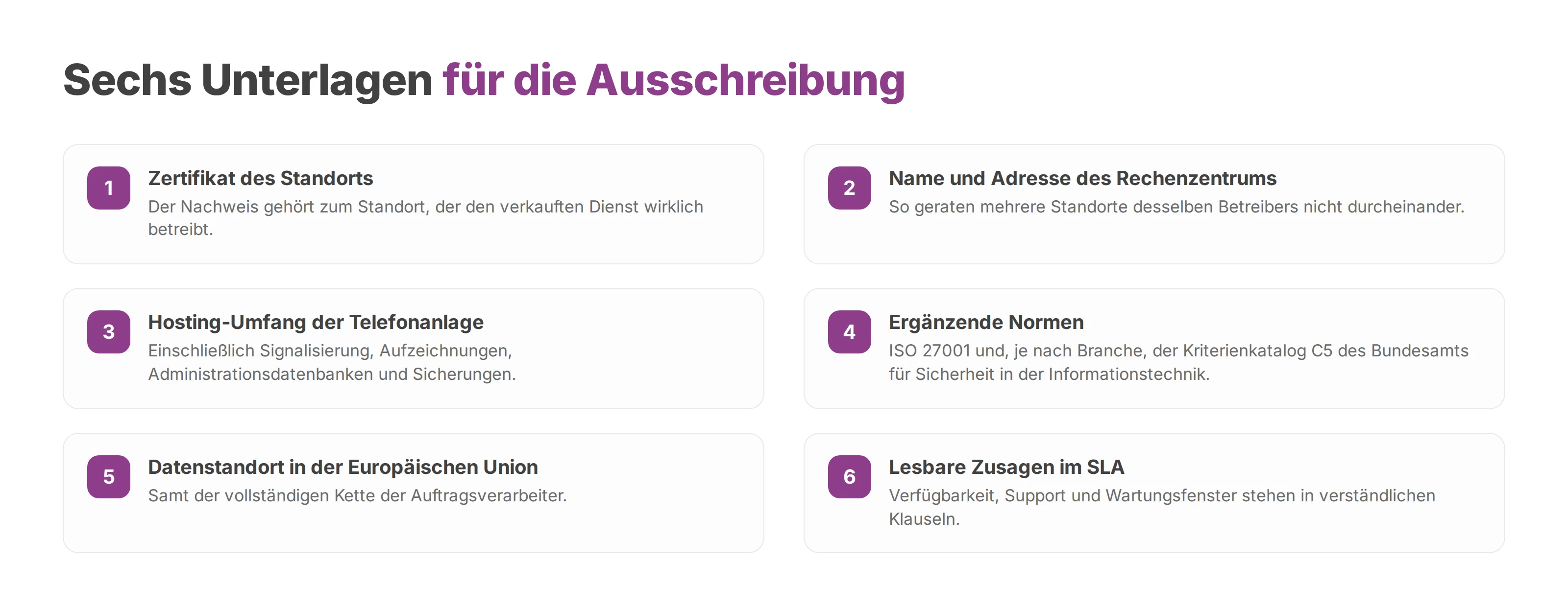Sechs Unterlagen, die ein Anbieter in der Ausschreibung zu Zertifikat, Standort und Hosting vorlegt.
