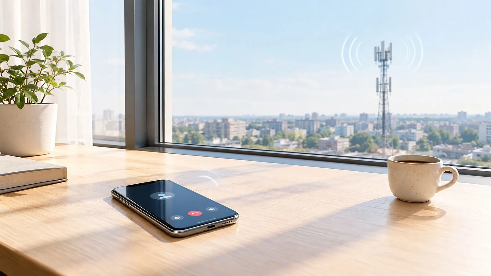 Un smartphone affichant un appel en cours posé sur un bureau près d'une fenêtre avec une antenne relais.