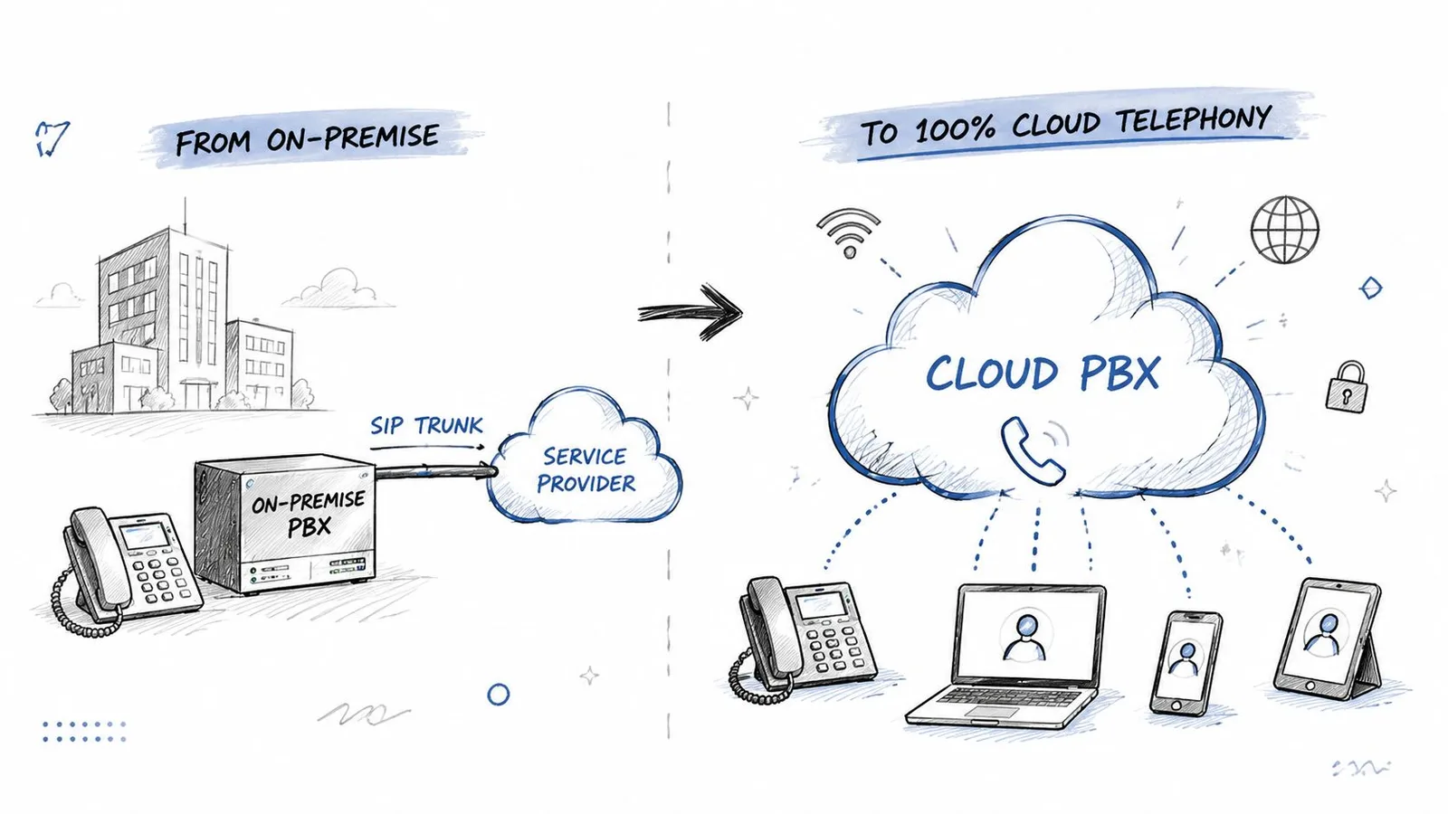 Schéma comparatif illustrant la transition d'un système téléphonique PBX sur site vers une solution de téléphonie cloud.