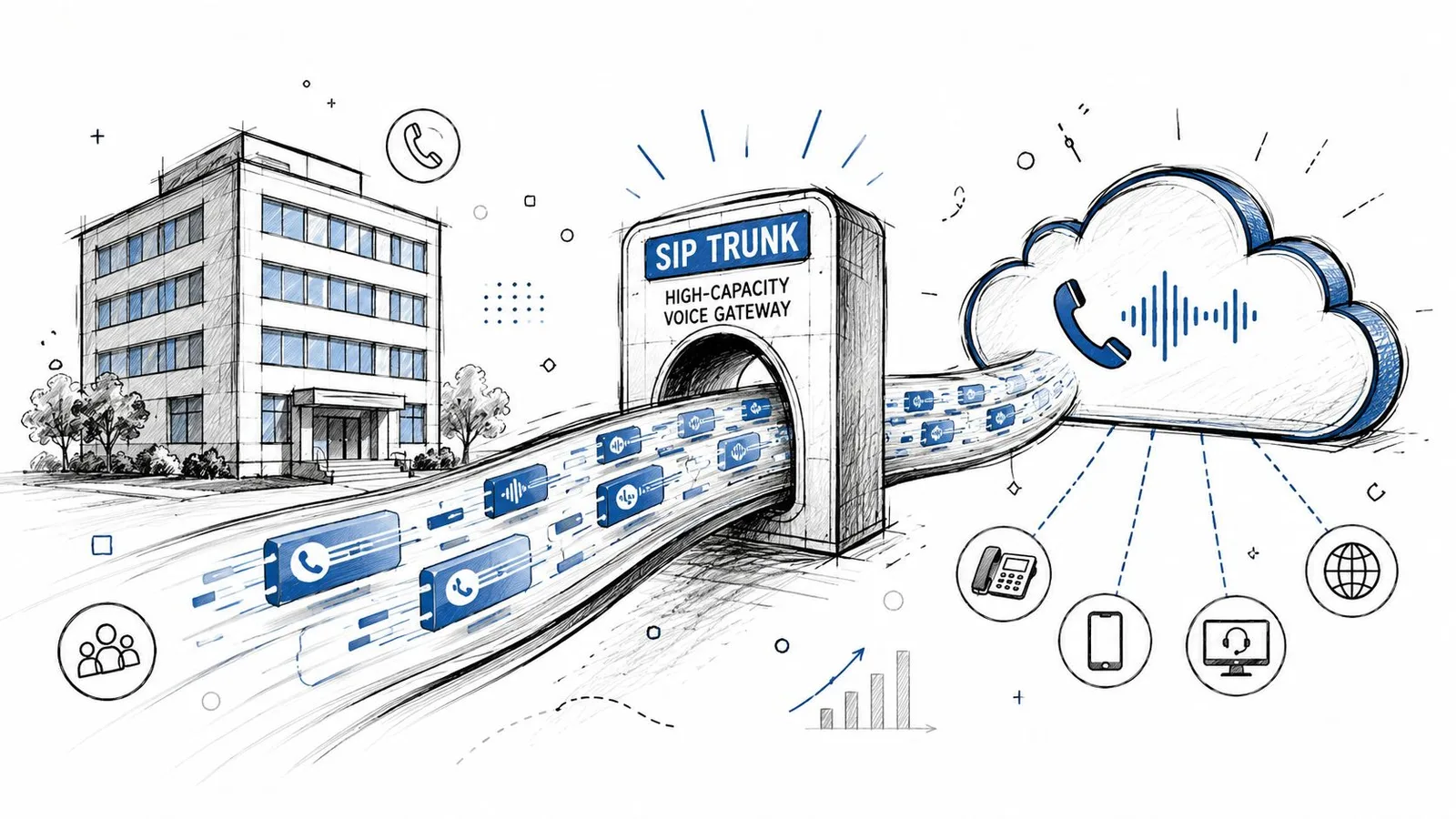 Illustration montrant une infrastructure SIP Trunk reliant un bâtiment d'entreprise à un cloud pour les communications vocales.