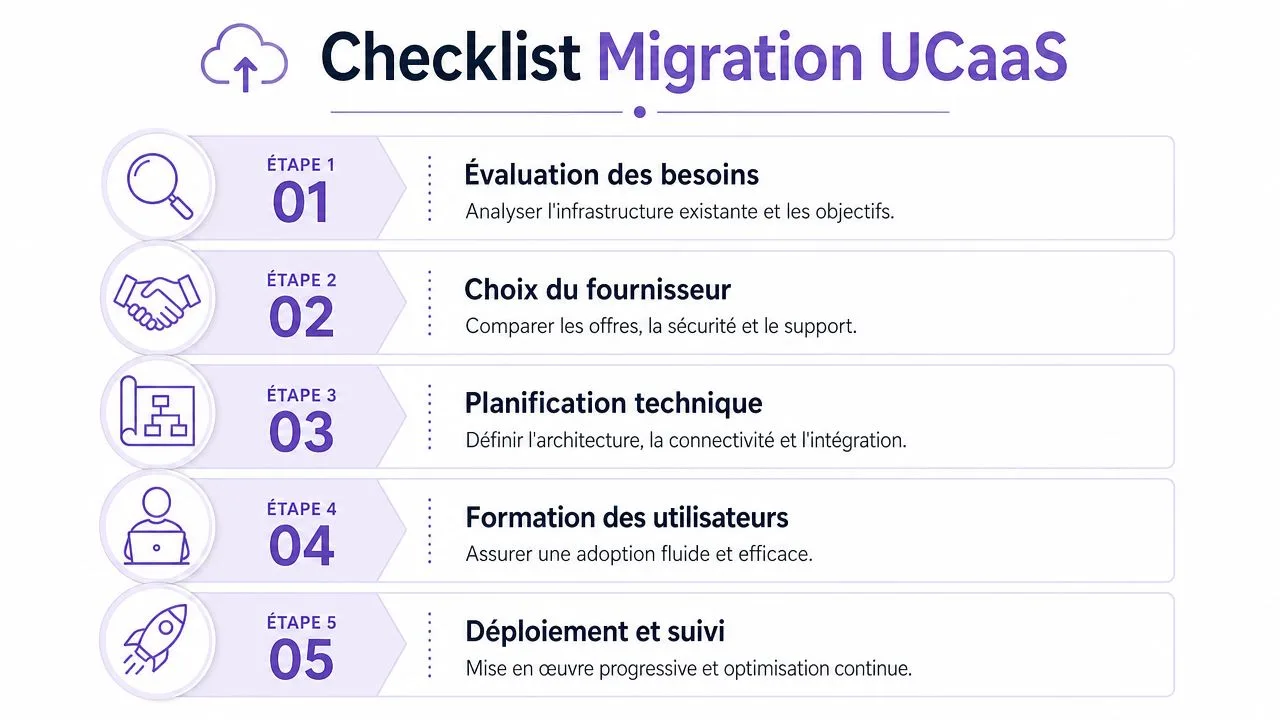 Infographie présentant les cinq étapes clés pour réussir une migration vers une solution de communication UCaas.