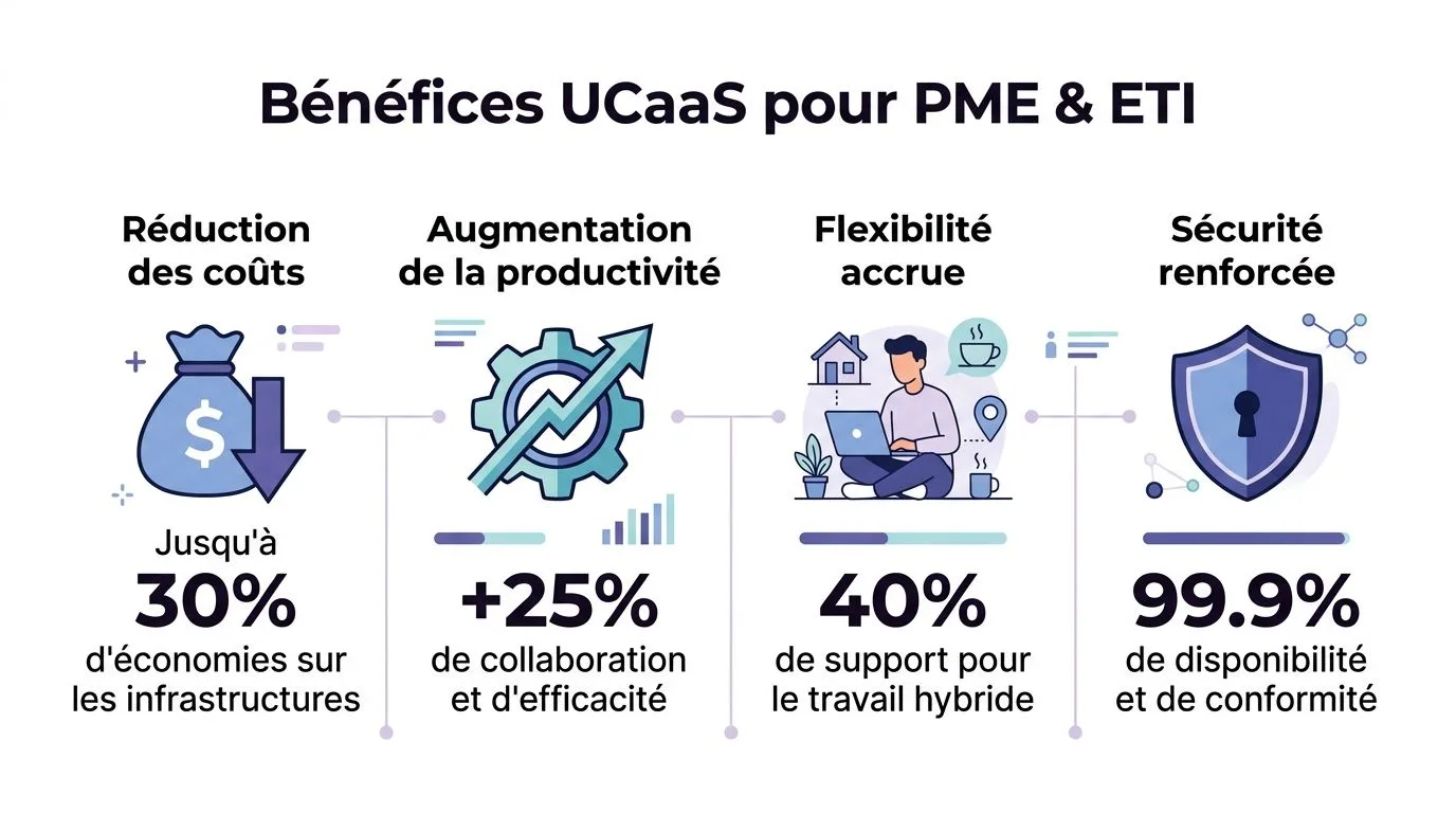 Infographie présentant les quatre avantages principaux de l'adoption des solutions UCaaS pour les PME et ETI.