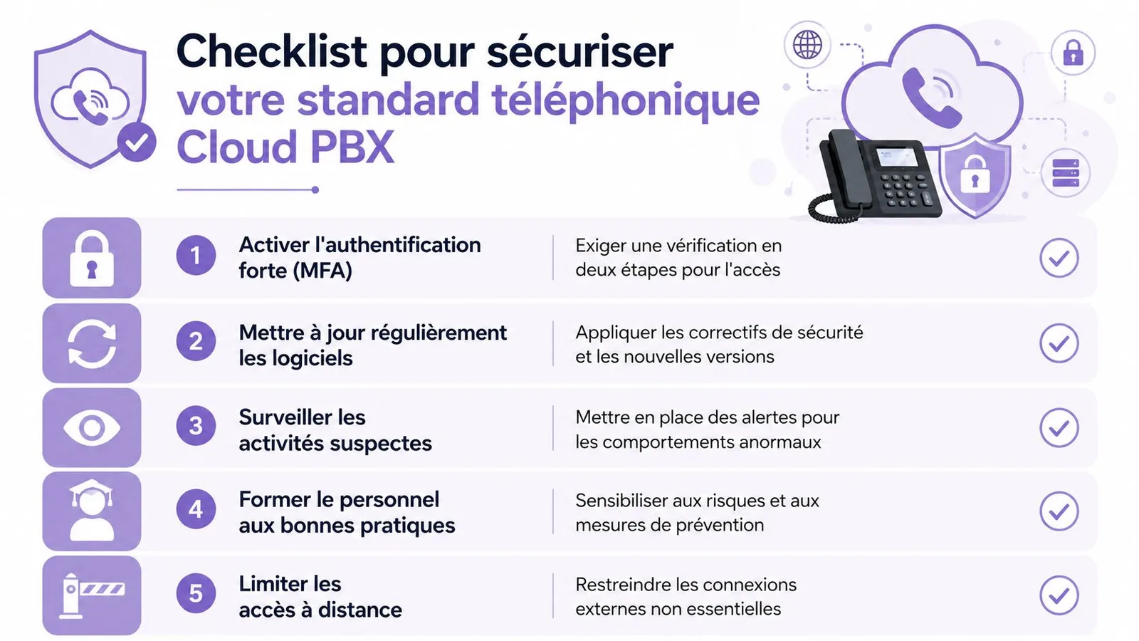 Check-list des cinq étapes essentielles pour sécuriser efficacement votre système de téléphonie professionnelle Cloud PBX.