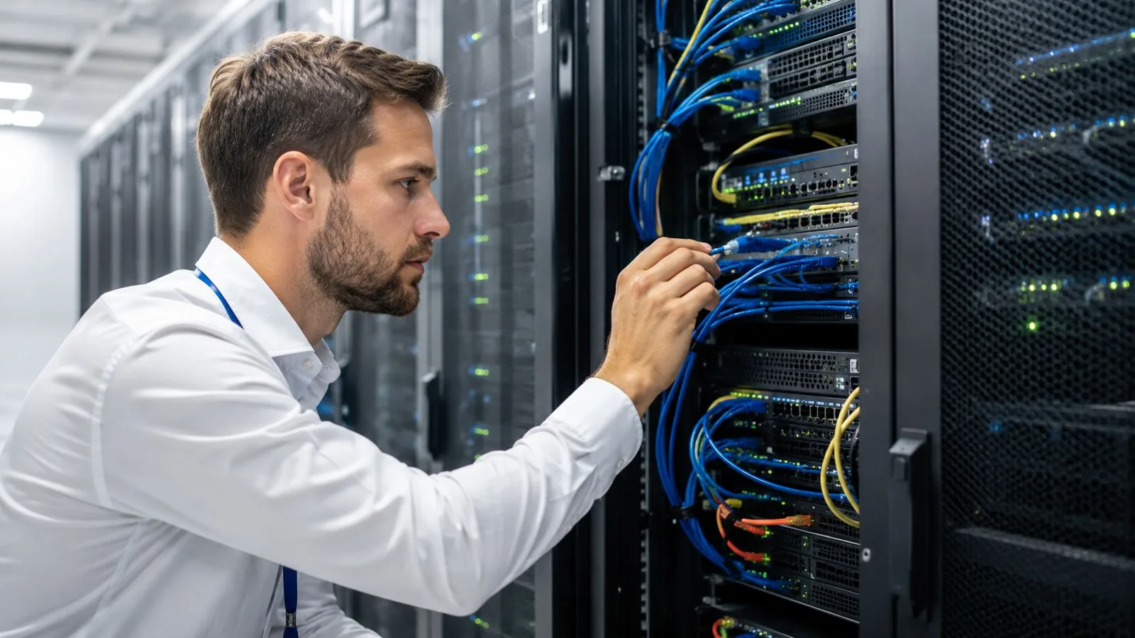 Un technicien informatique en chemise blanche travaille sur le câblage d'un serveur dans un centre de données.