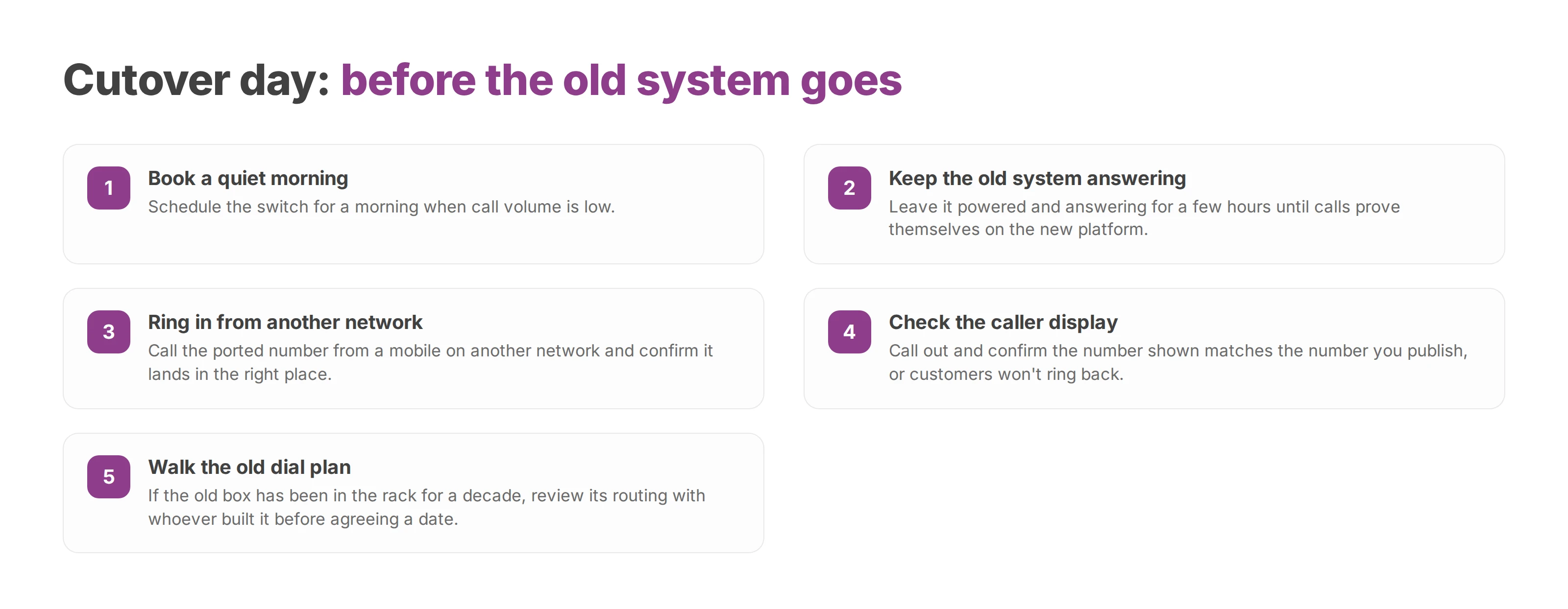 Numbered checklist of five steps for switching a ported number over to the new phone system