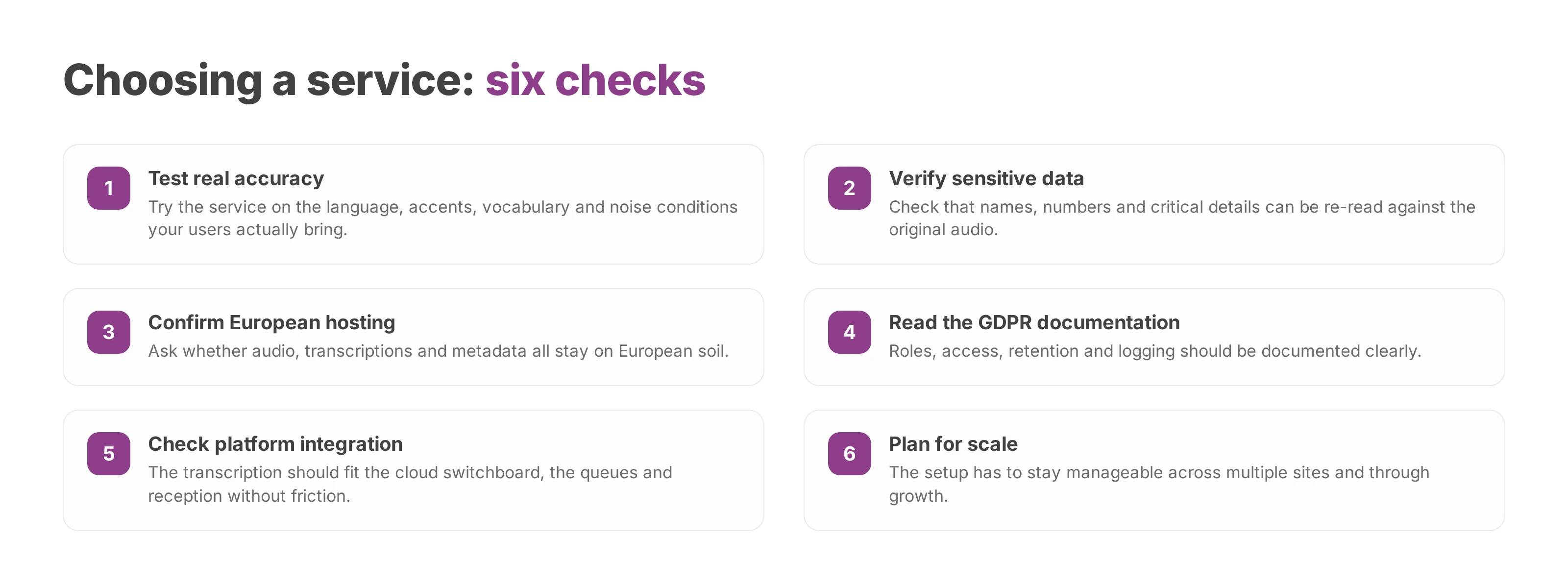 Numbered checklist of six checks for choosing a voicemail transcription service