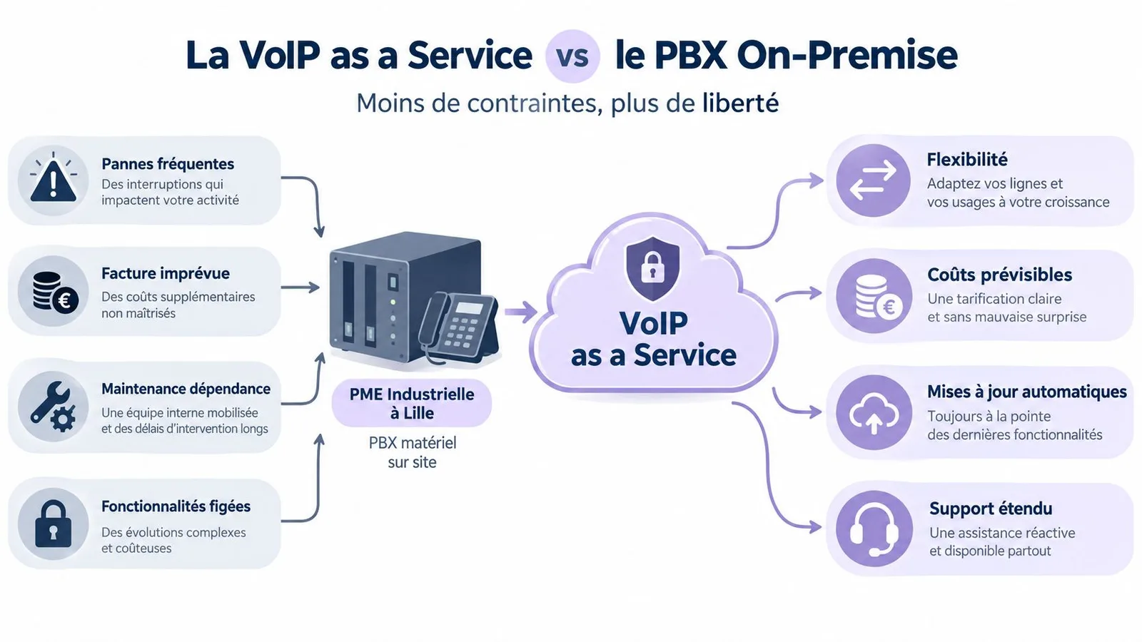 Comparaison entre les inconvénients du standard téléphonique PBX sur site et les avantages du service VoIP moderne.