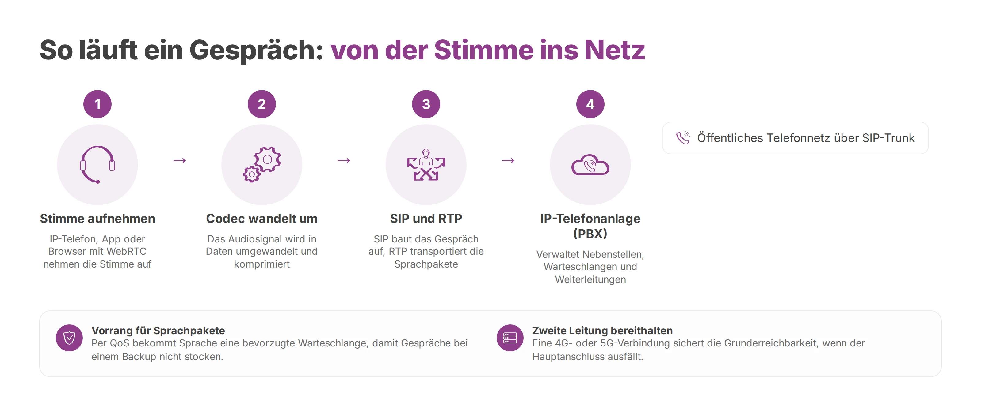 Ablauf eines Gesprächs: Stimme aufnehmen, Codec, SIP und RTP, IP-Telefonanlage, öffentliches Telefonnetz