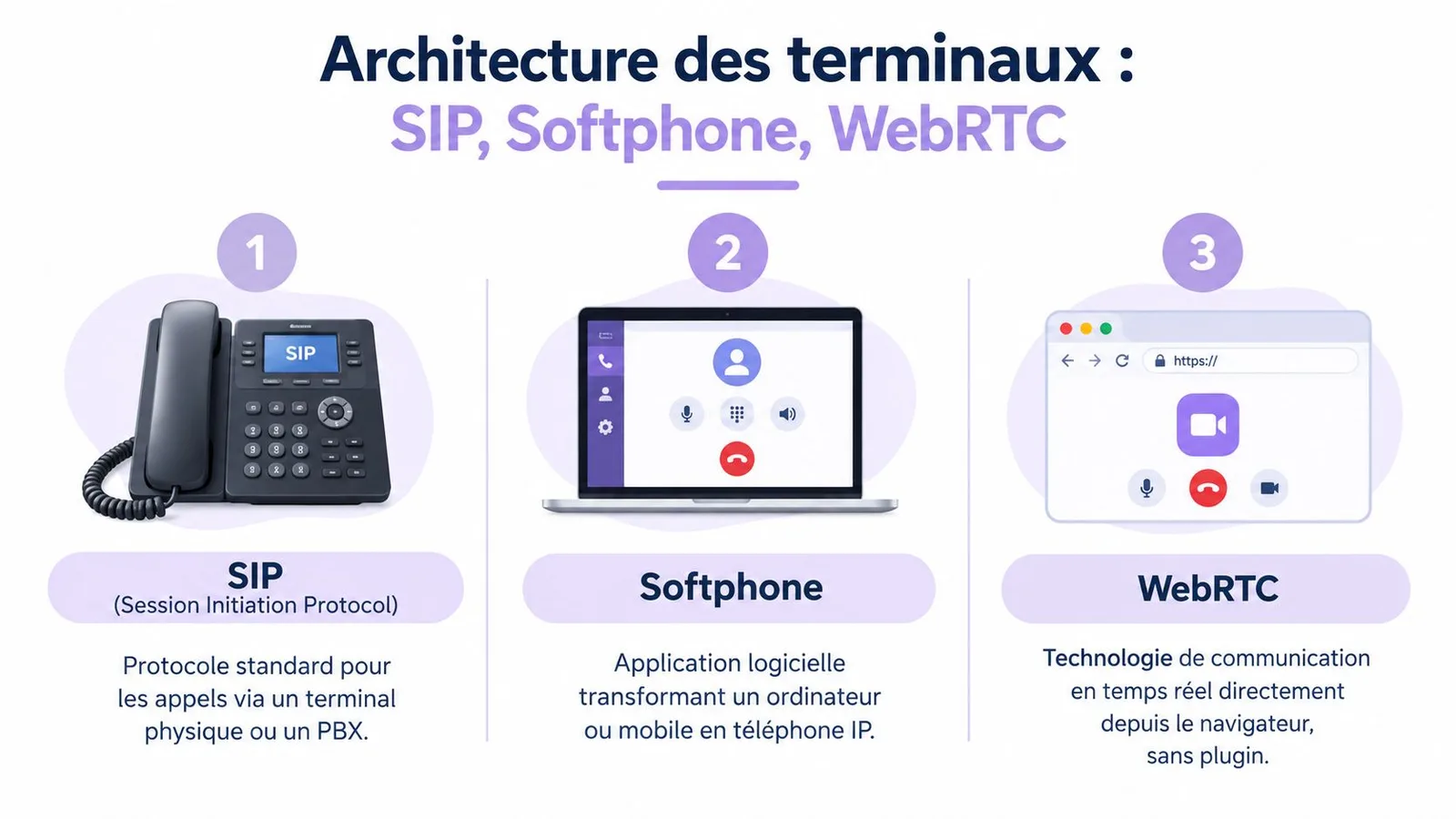 Schéma illustrant l'architecture des terminaux de communication incluant les technologies SIP, Softphone et WebRTC avec leurs définitions.