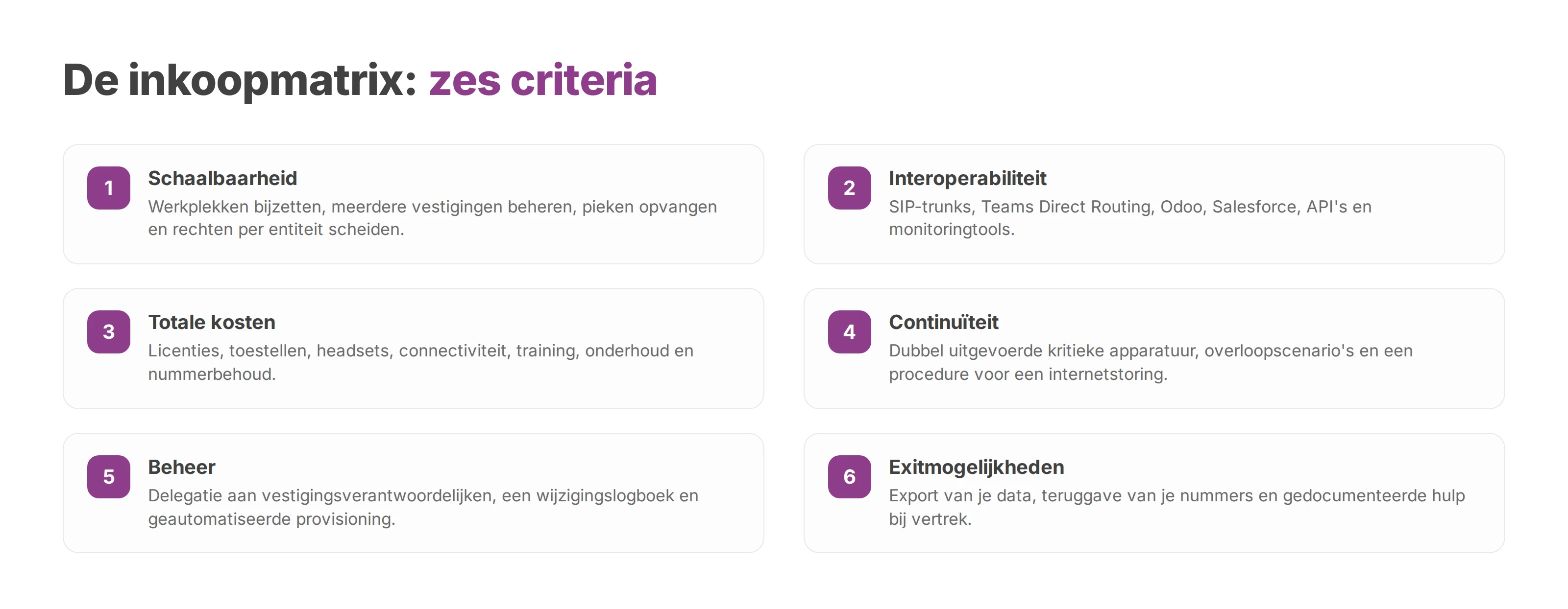 Genummerde lijst met de zes criteria van de inkoopmatrix, van schaalbaarheid tot exitmogelijkheden