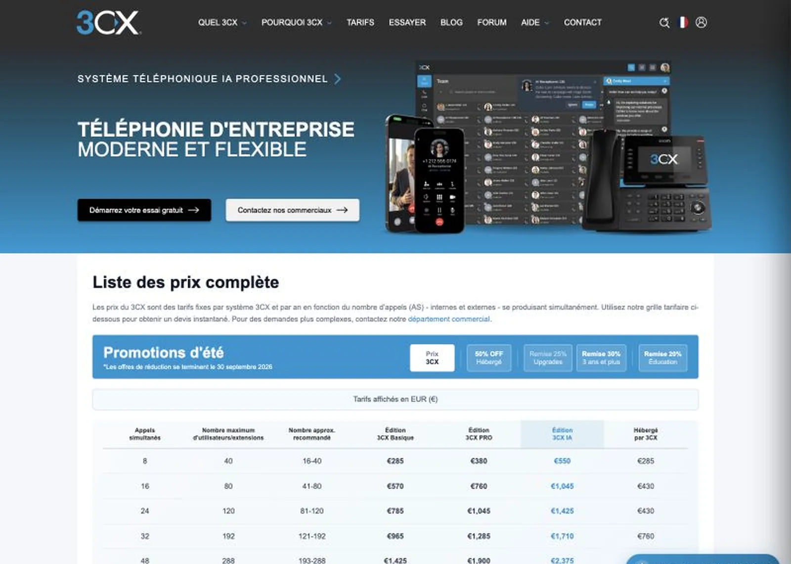 3CX publie l'intégralité de sa grille tarifaire en euros. Capture du 26 août 2026.