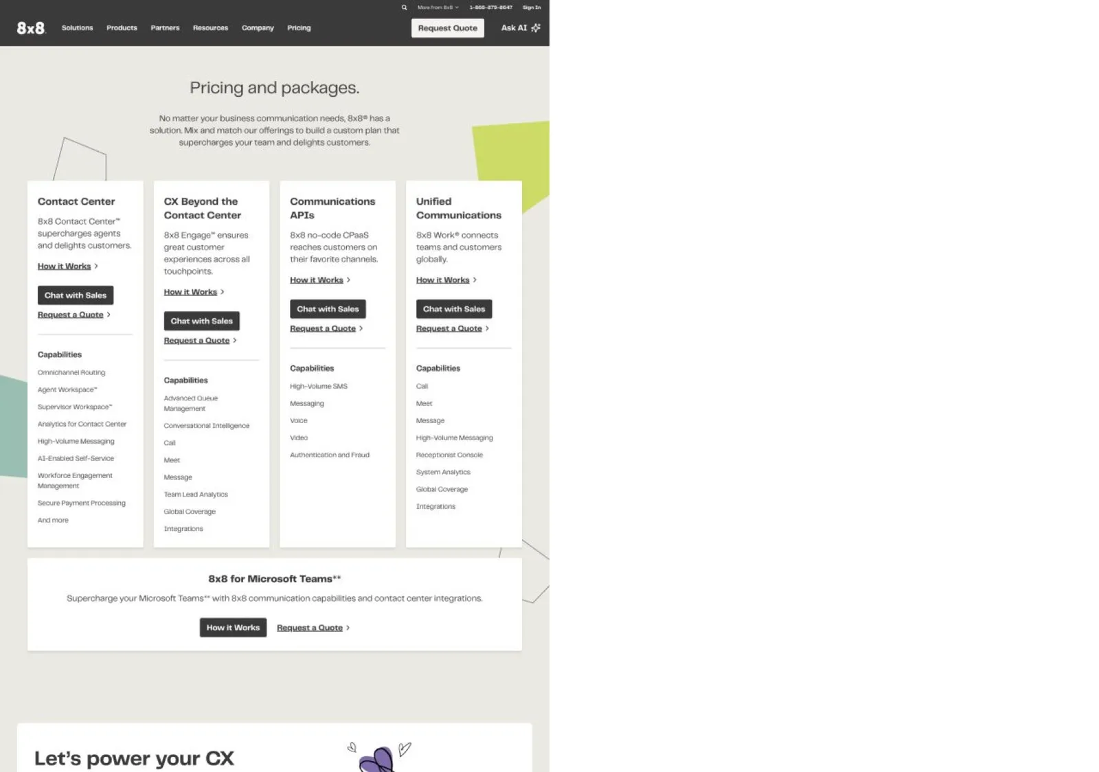 8x8's own pricing page, captured 21 August 2026. No price is shown for any package.
