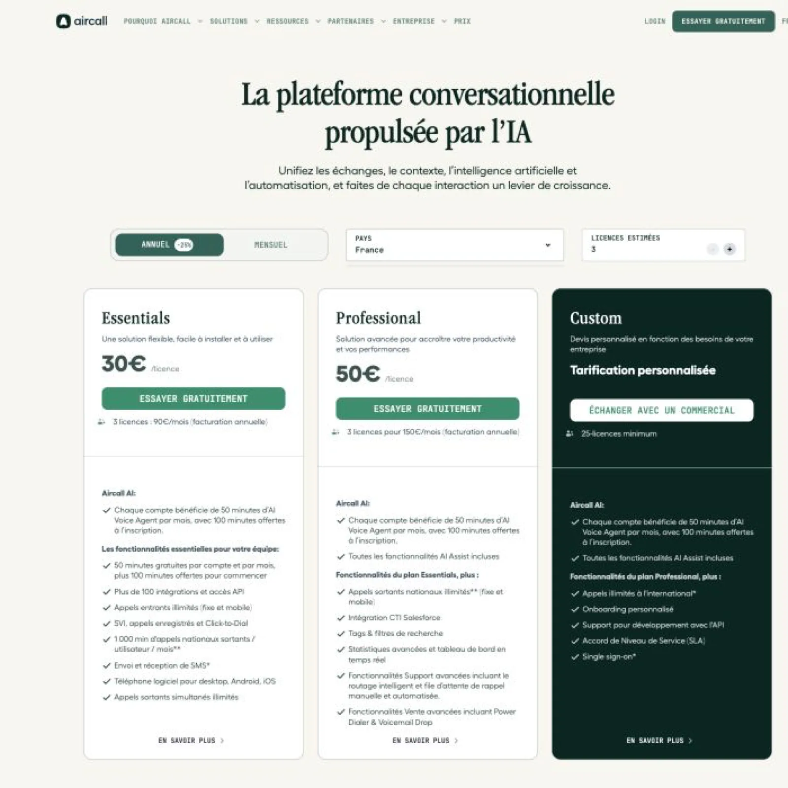 Tarifs publiés par Aircall, capture du 19 août 2026 avec le sélecteur de pays réglé sur la France. Prix hors TVA.