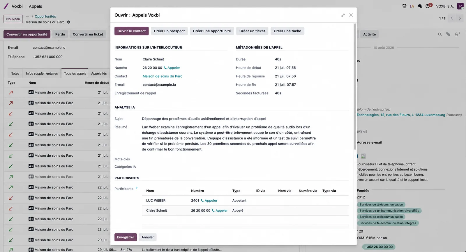 Ce qui atterrit dans la fiche Odoo après un appel. Capture du 02-09-2026.