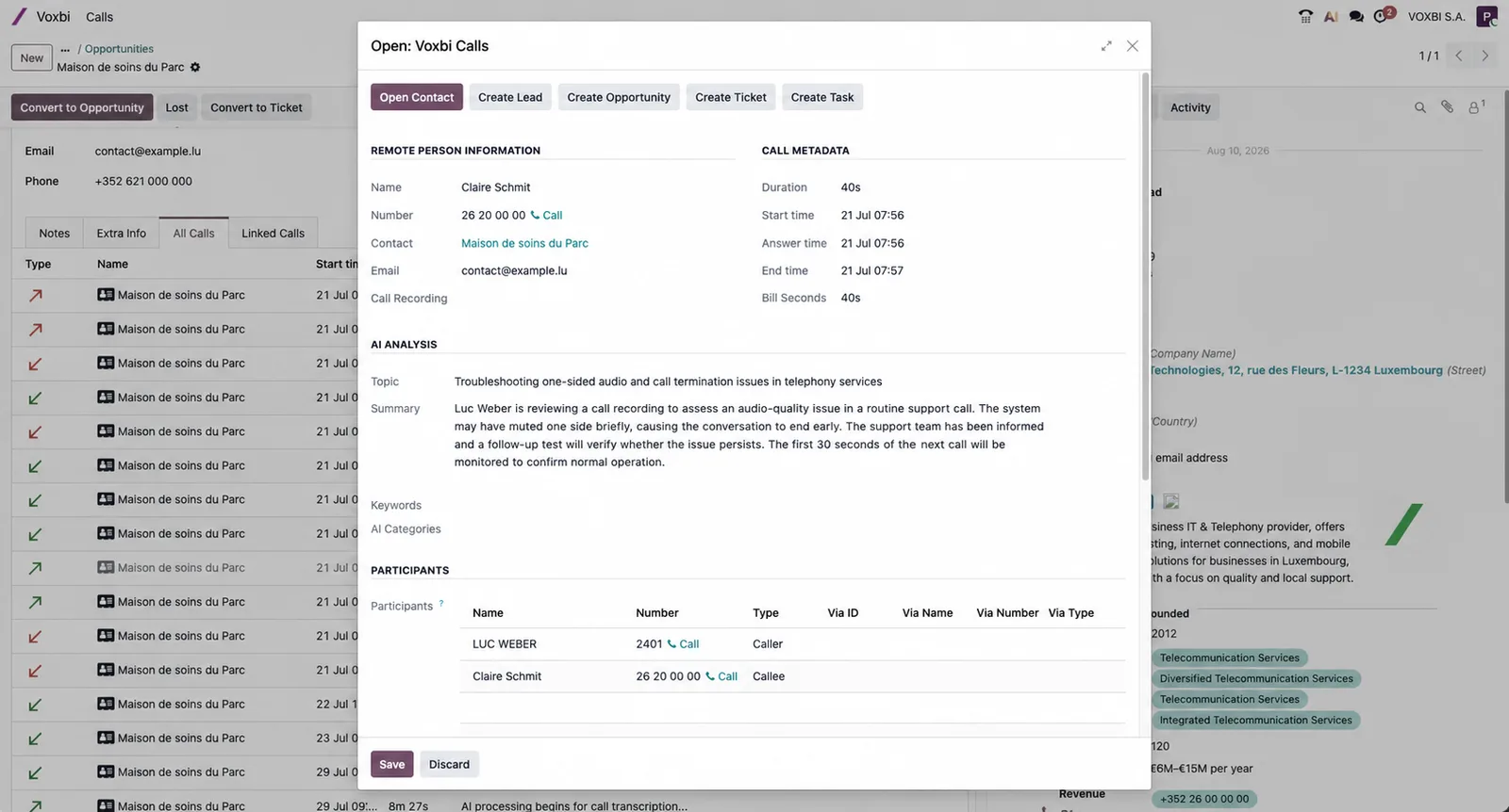 What lands on the Odoo record after a call. Captured 02-09-2026.