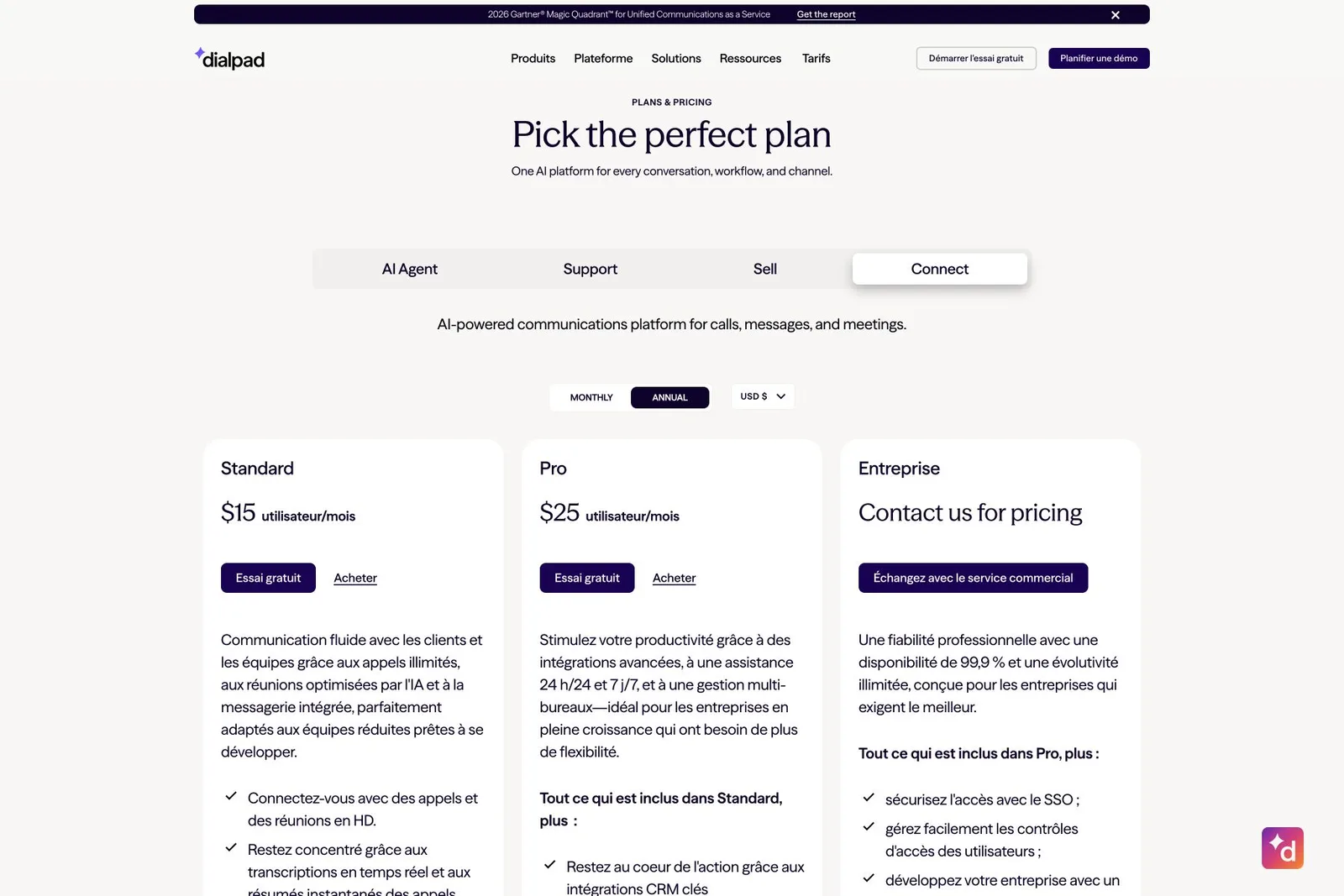 Tarifs Dialpad Connect, capture du 24 août 2026.