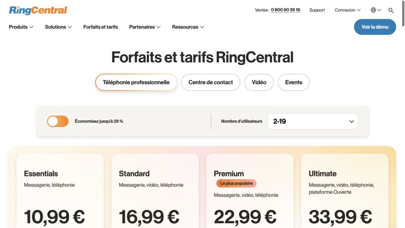 Tarifs publics RingCentral France, capture du 18 août 2026.