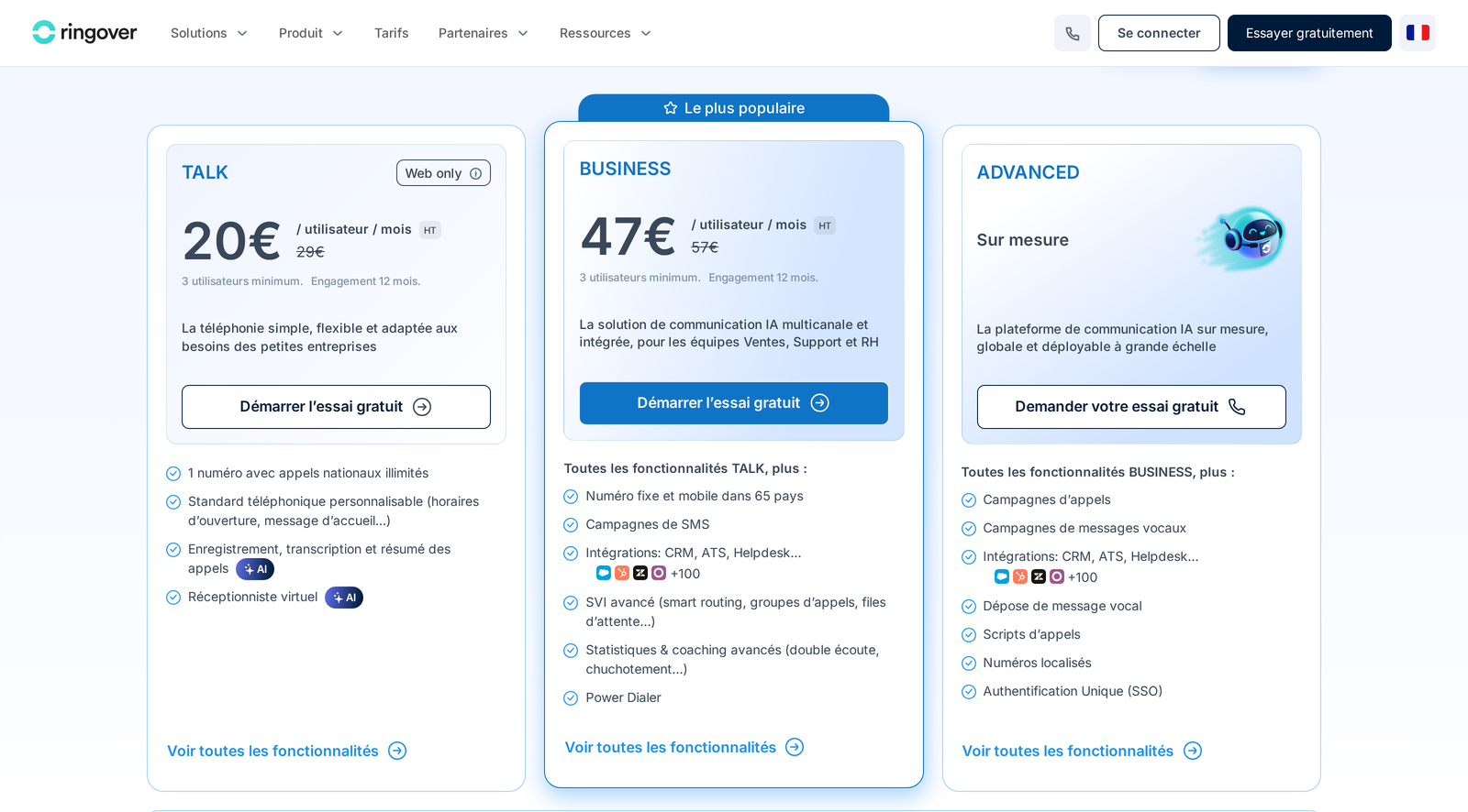 Ringover's public prices in euros on its French site, annual billing, captured 2 October 2026.