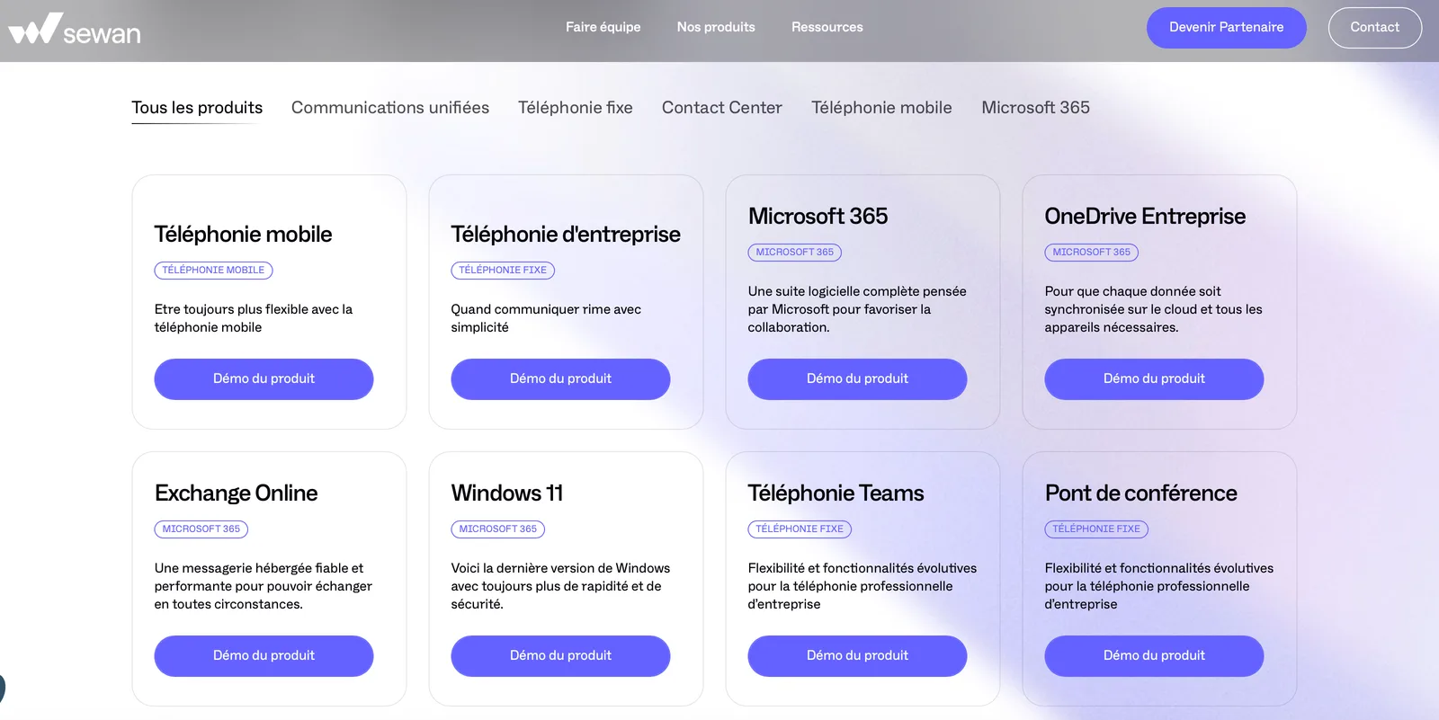 Page téléphonie d'entreprise de Sewan, capturée le 21 août 2026. Aucun prix n'y figure, ni sur aucune autre page produit.