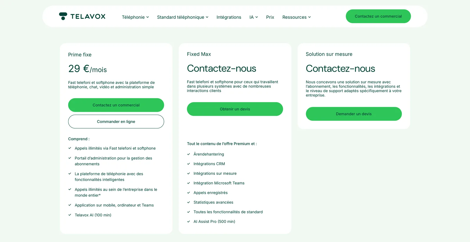 Tarifs publics de Telavox, capture réalisée le 26 août 2026.