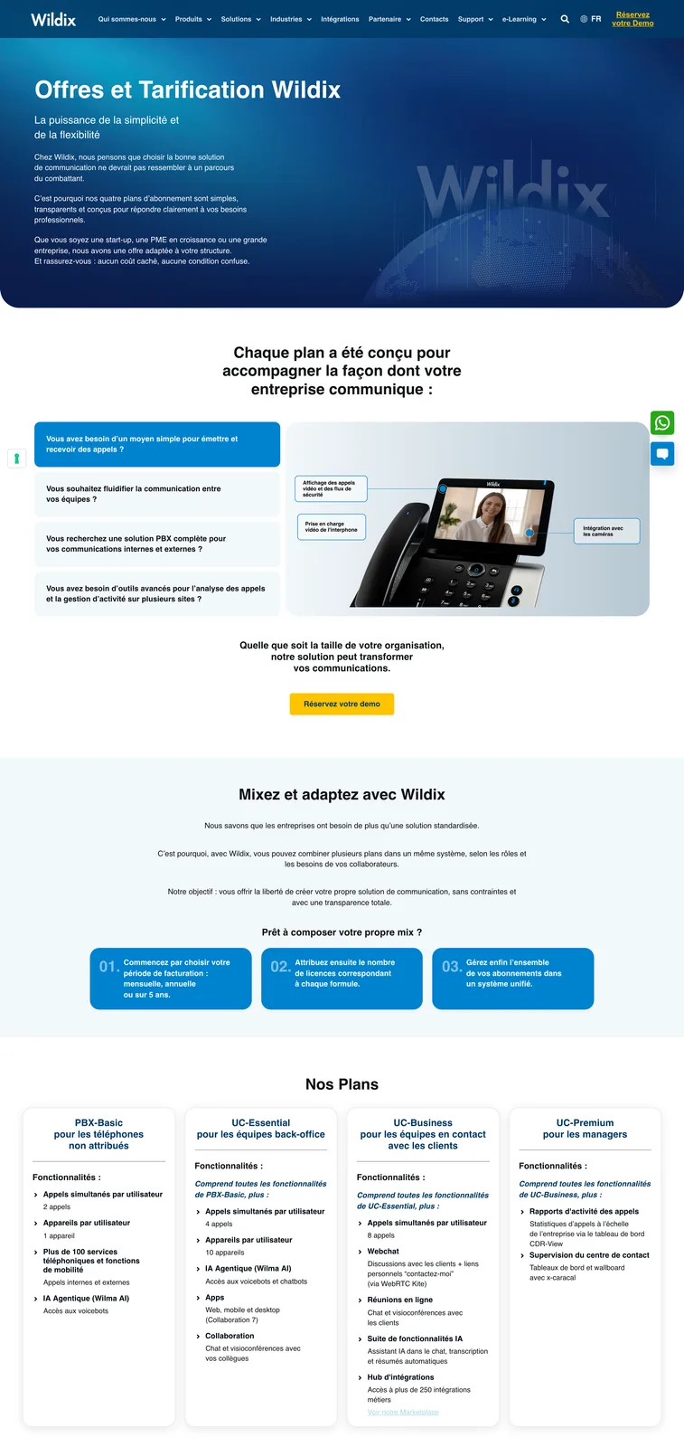 La page des offres Wildix, capturée le 19 août 2026. Quatre niveaux sont décrits, aucun n'est chiffré.