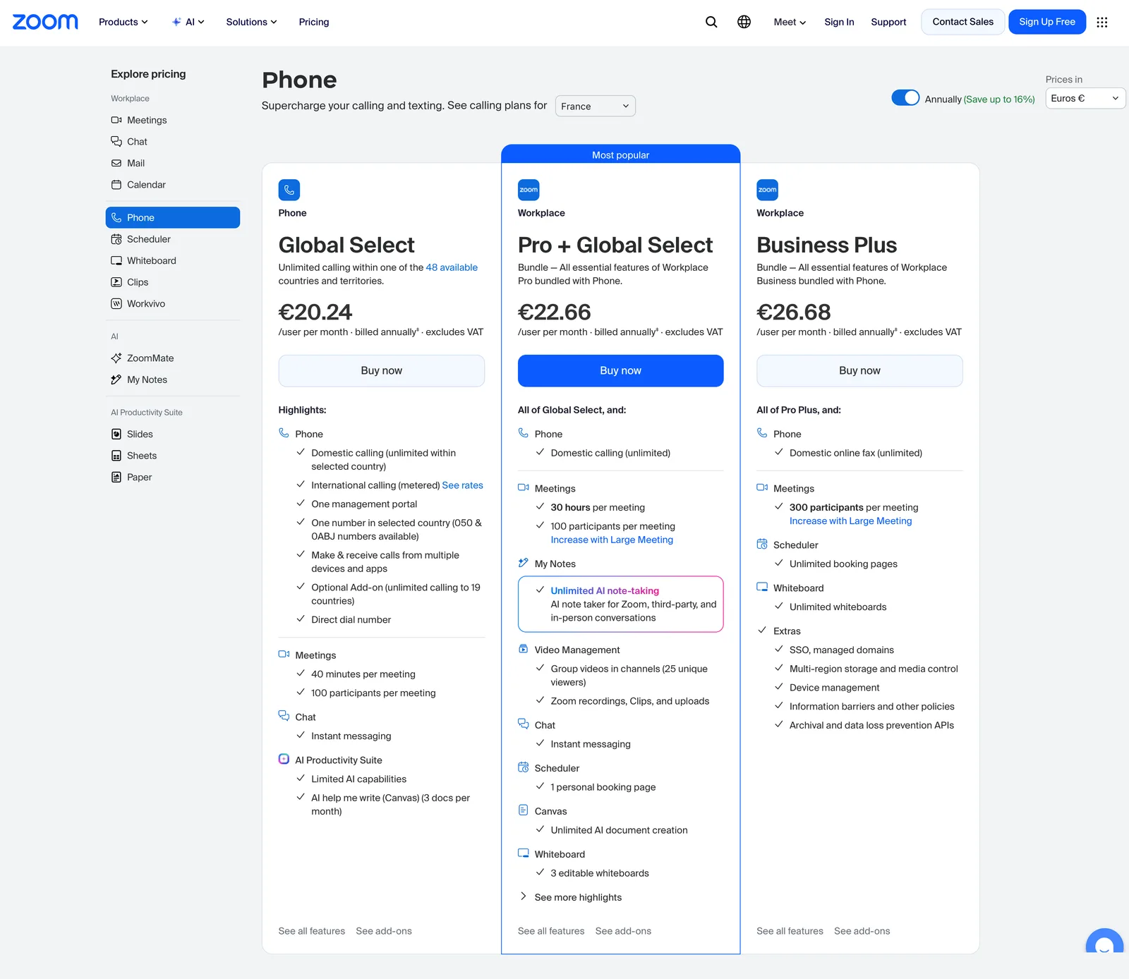 Zoom Phone plan prices in euros, excluding VAT, captured 26 August 2026.