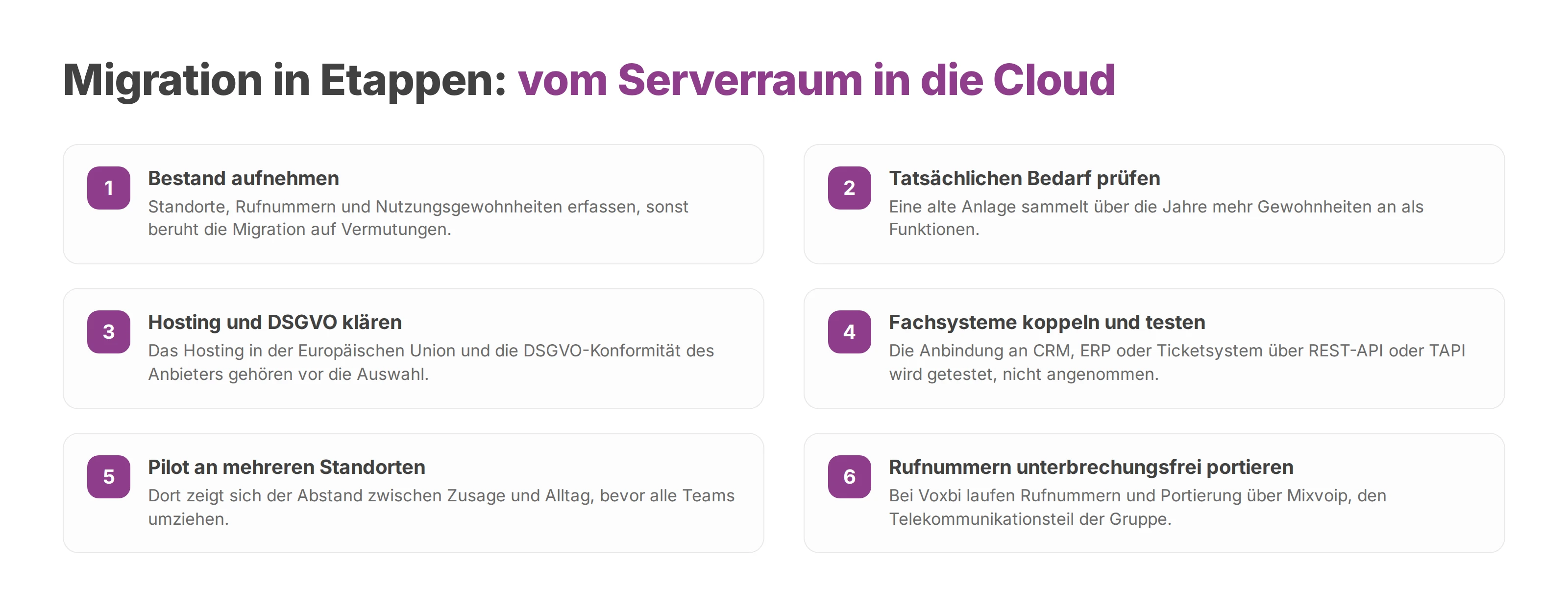 Checkliste für die Migration von der eigenen Telefonanlage in eine konforme Cloud-Telefonanlage.