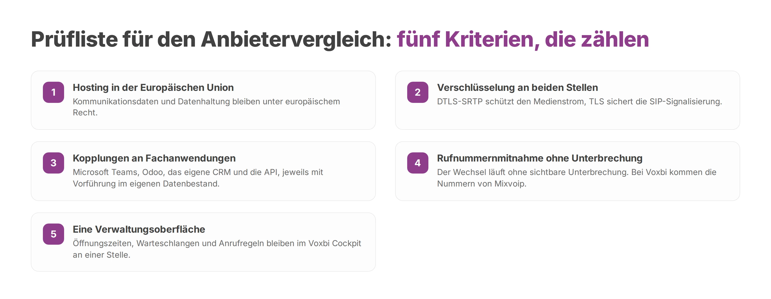 Prüfliste mit fünf Kriterien für die Auswahl einer Cloud-Telefonanlage mit WebRTC.