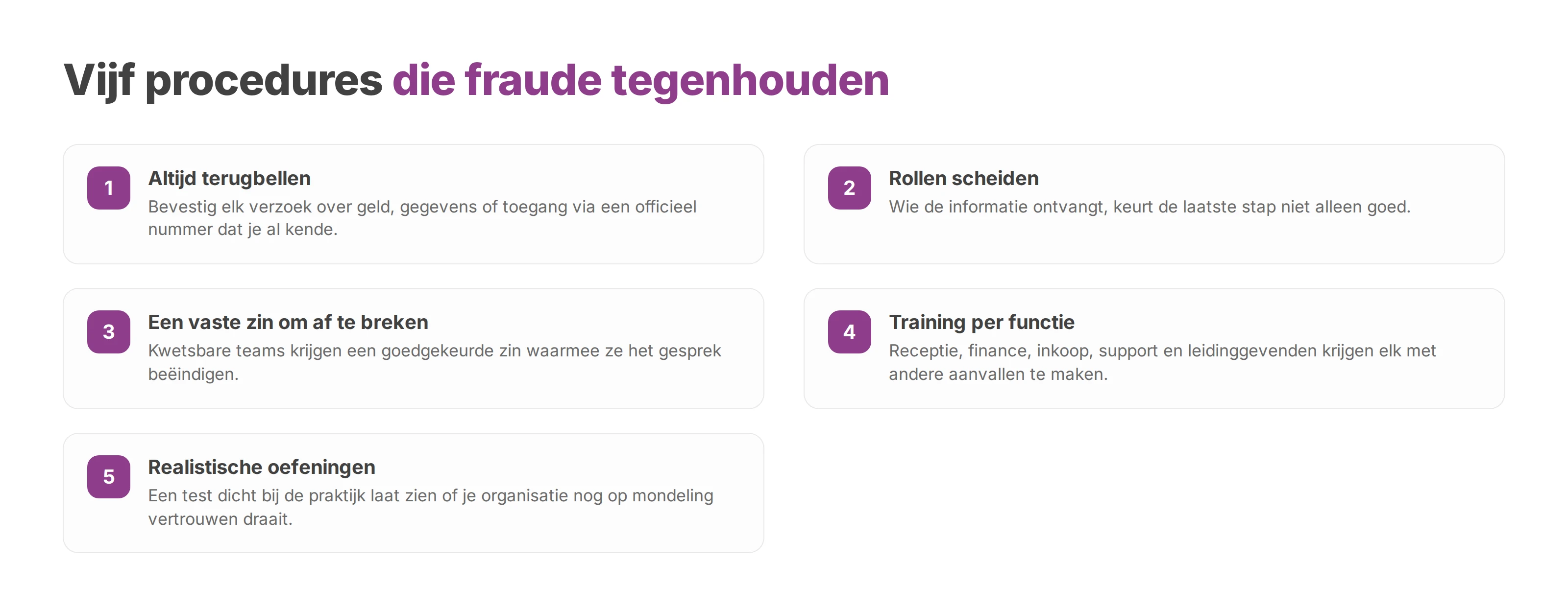 Genummerde lijst met vijf procedures die spoofingfraude tegenhouden, van terugbellen tot realistische oefeningen