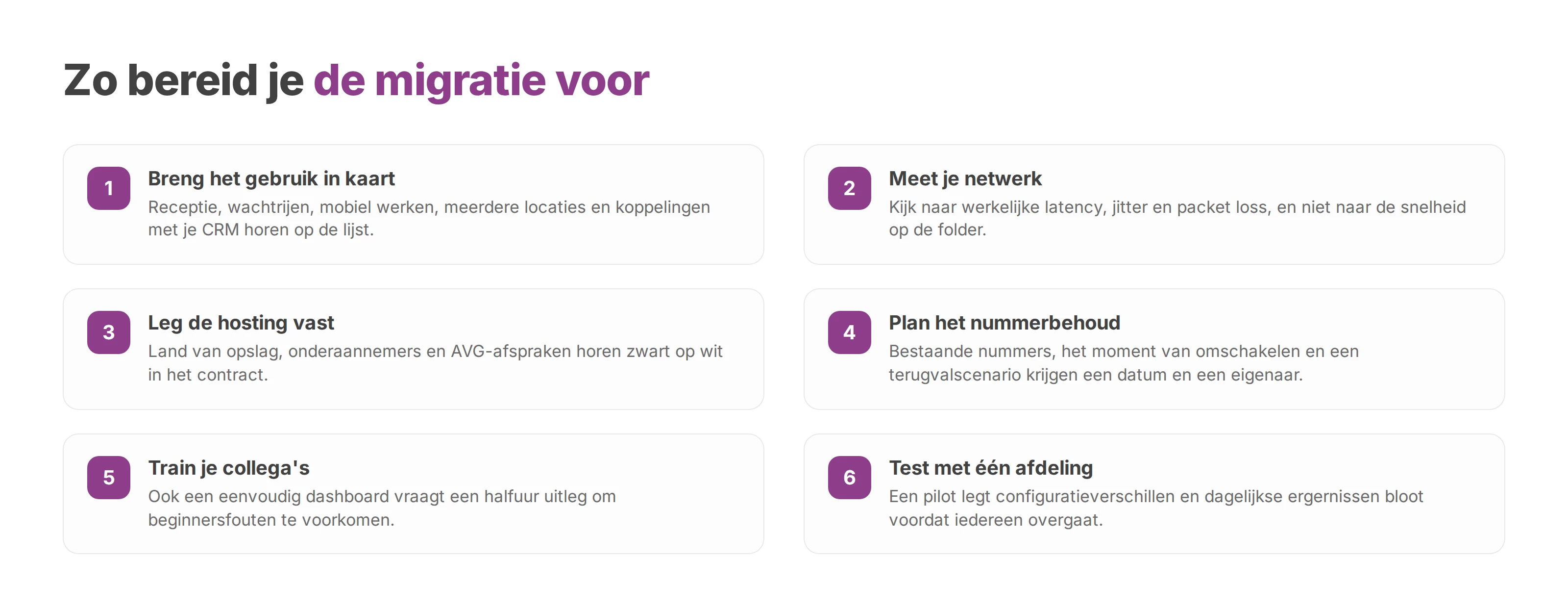 Genummerde checklist voor een VoIP-migratie: gebruik, netwerk, hosting, nummerbehoud, training en pilot.