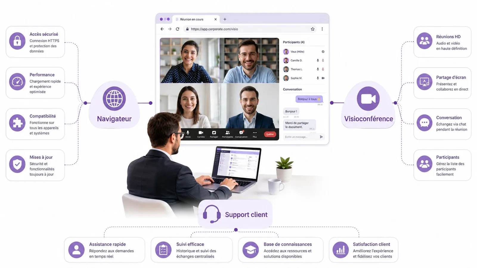 Illustration montrant les avantages d'une solution de visioconférence WebRTC avec des fonctionnalités de navigation et de support client.