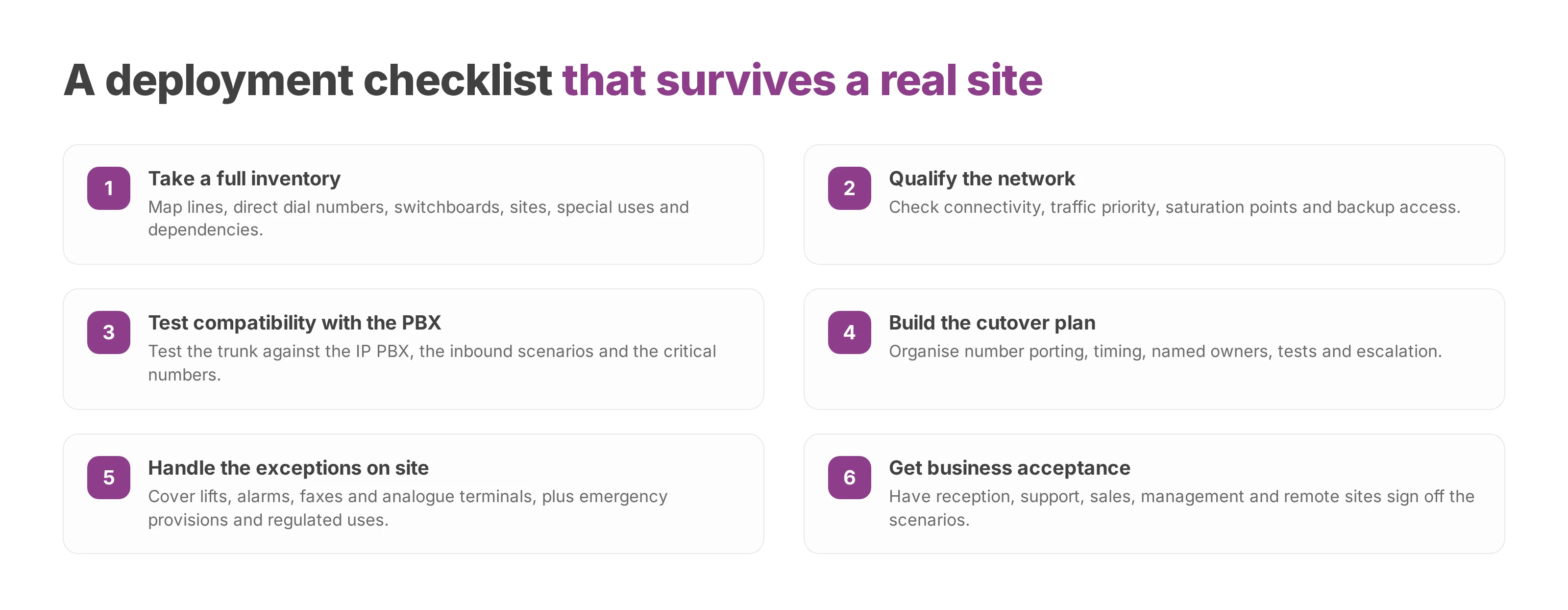 Numbered checklist of six steps for a controlled SIP trunk migration on a real site