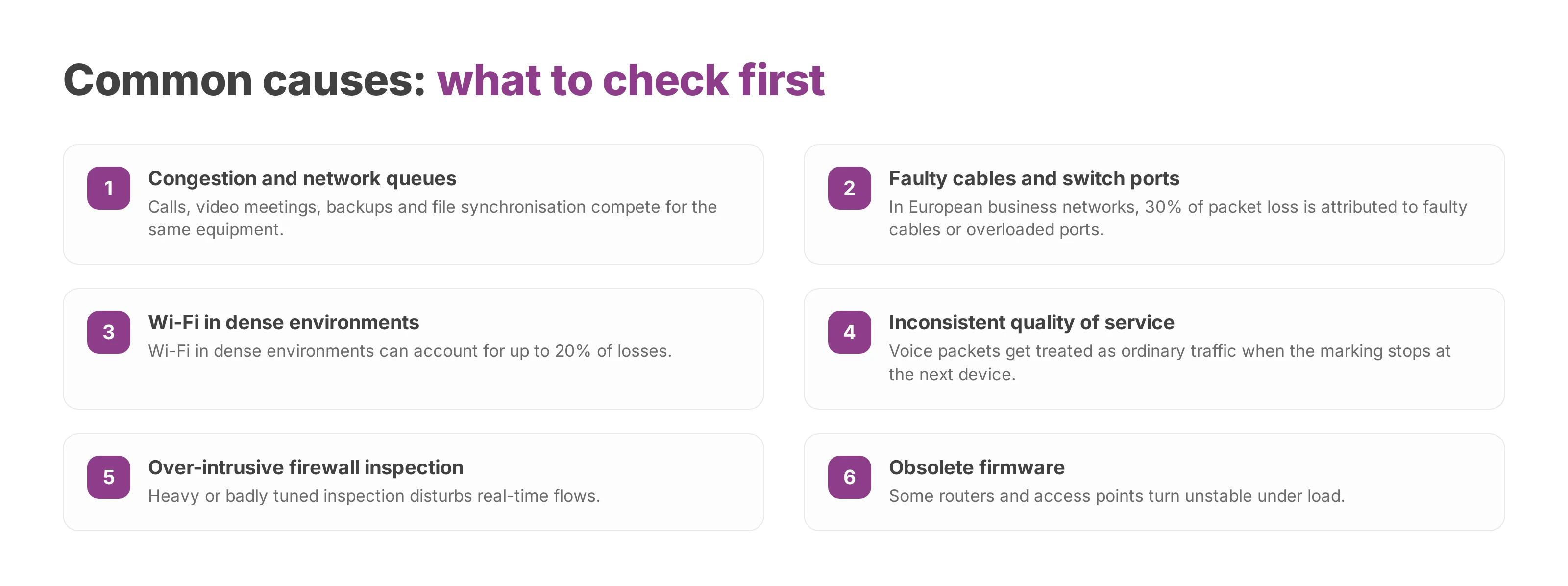 Checklist of six common packet loss causes, from congestion and cabling to quality of service gaps