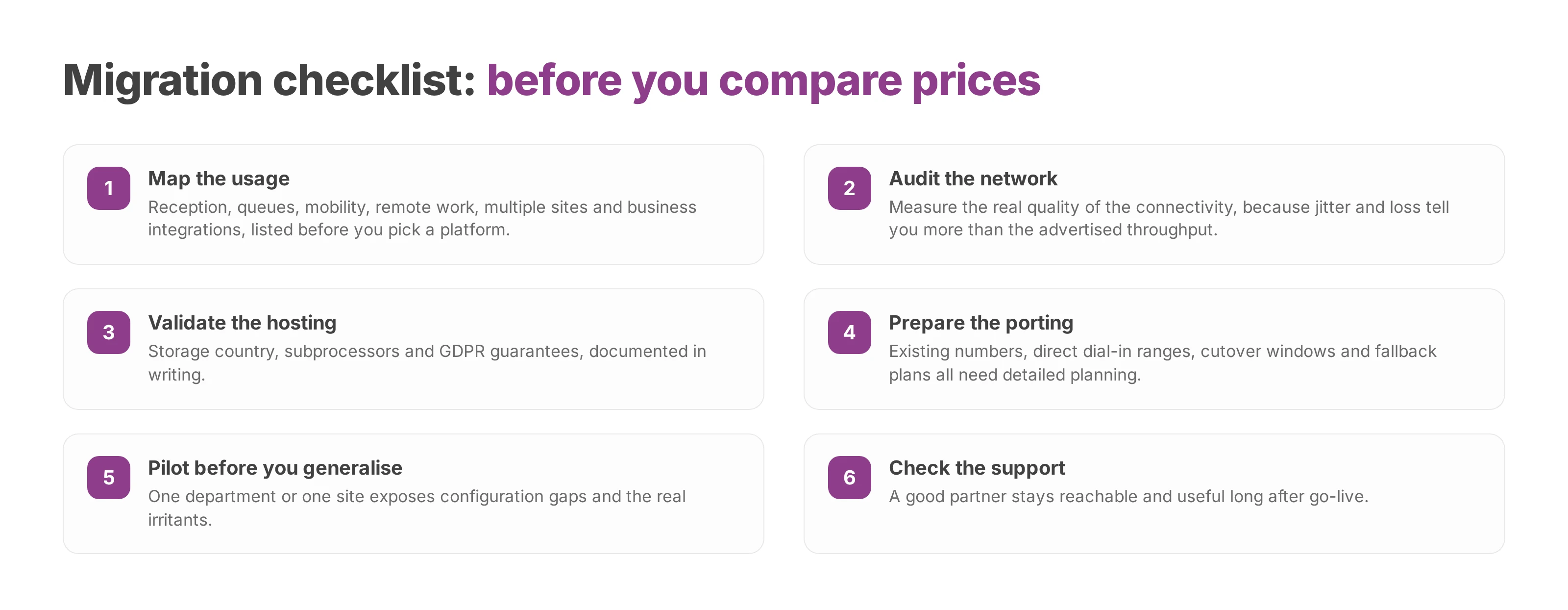 Six-item checklist for scoping and running a move to cloud telephony