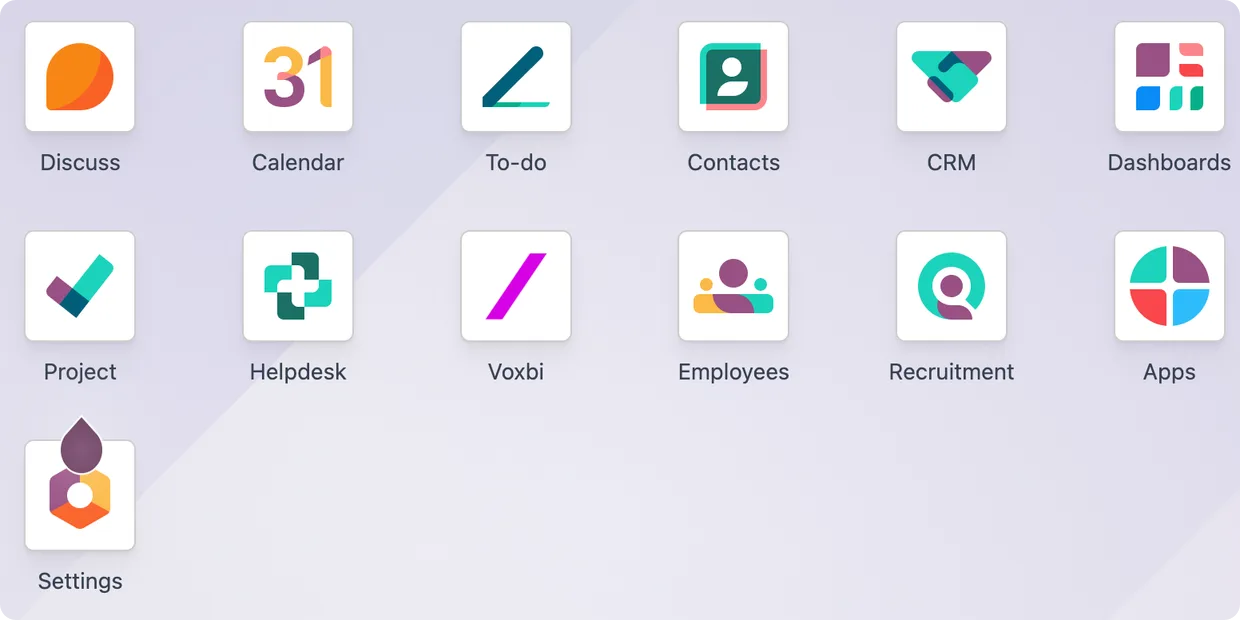 The Odoo apps overview with the Voxbi app installed alongside CRM, Contacts, Calendar, Helpdesk, and Project.