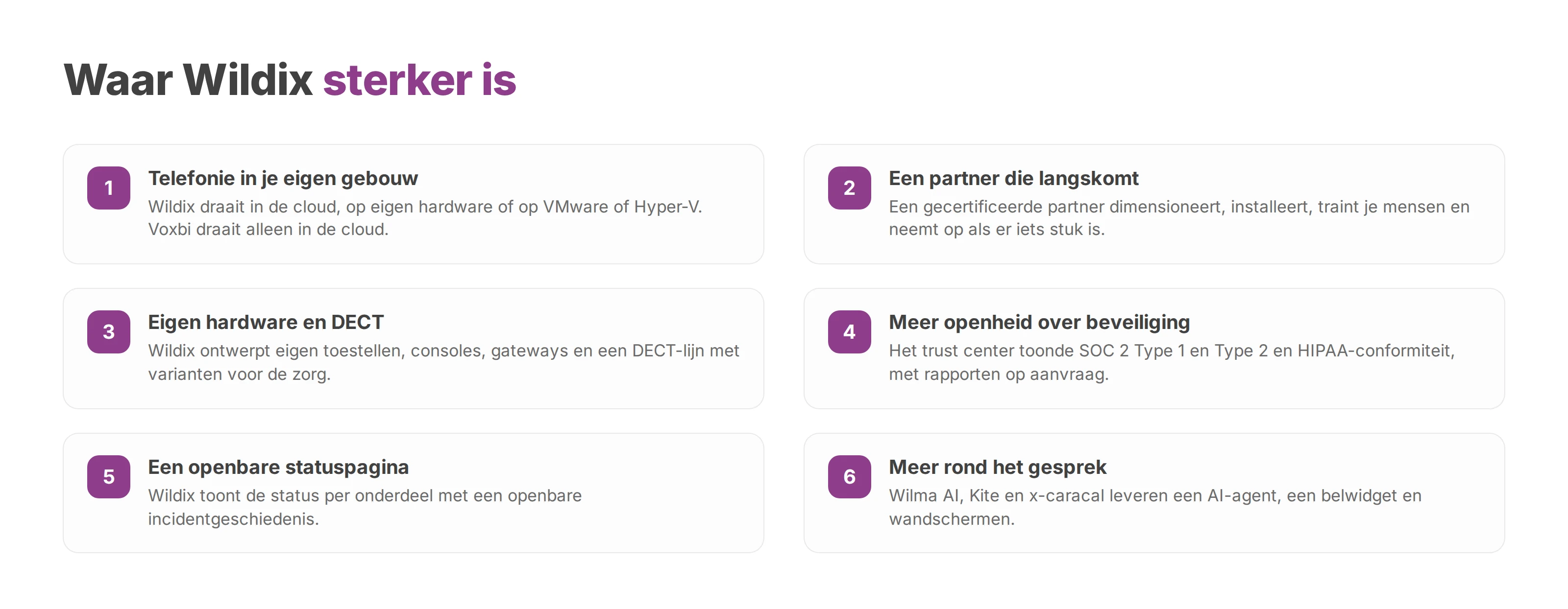 Genummerde lijst van zes punten waarop Wildix sterker is dan Voxbi