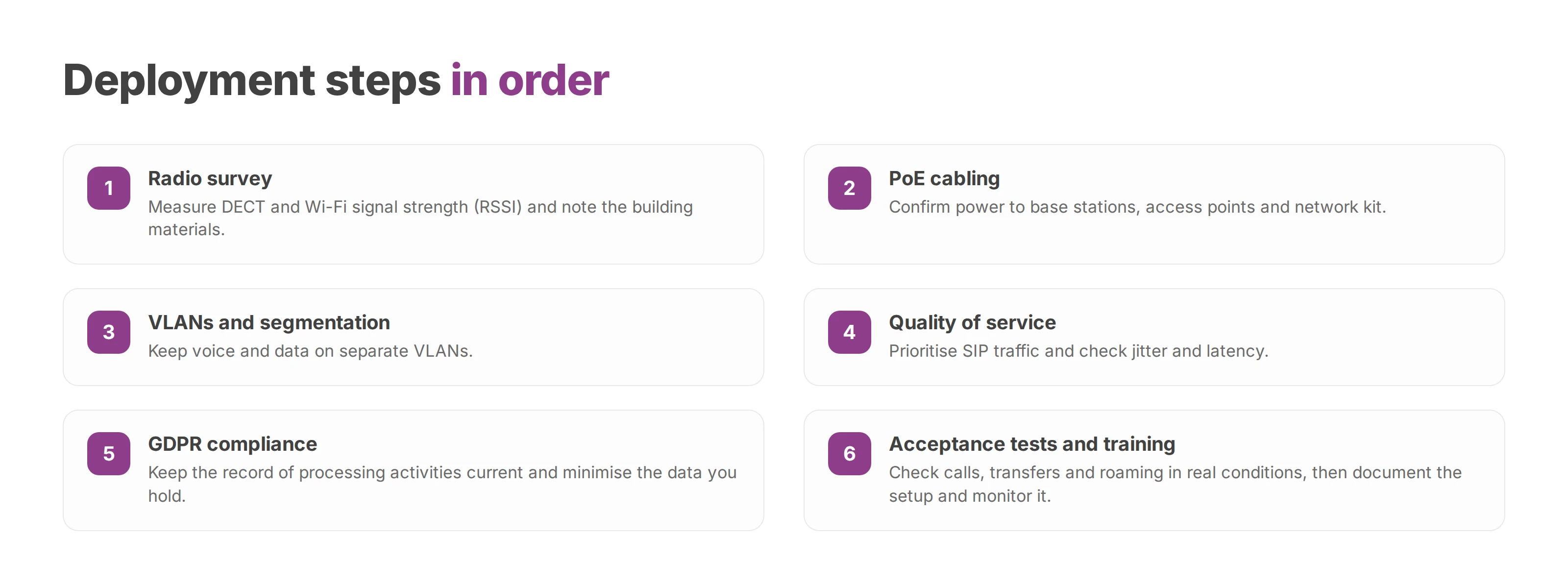 Numbered checklist of wireless handset deployment steps, from radio survey to acceptance tests