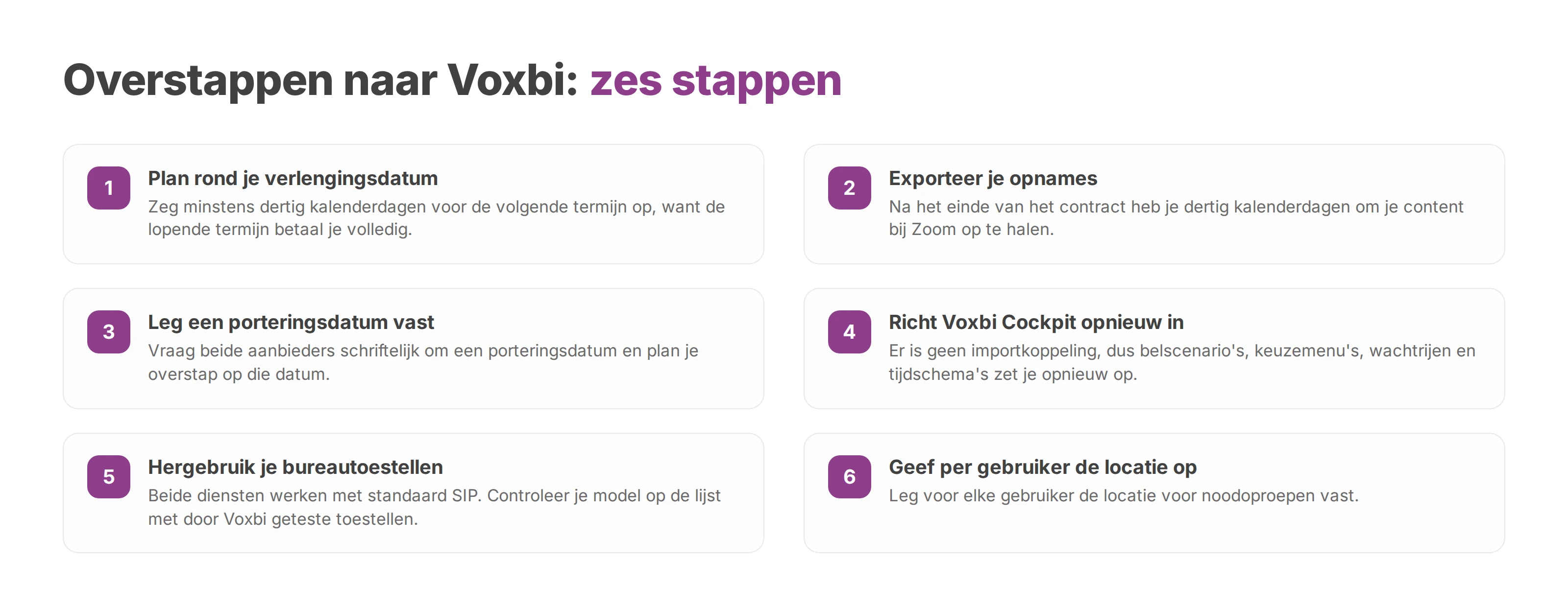 Zes stappen om van Zoom Phone naar Voxbi over te stappen, van verlengingsdatum tot locatie voor noodoproepen