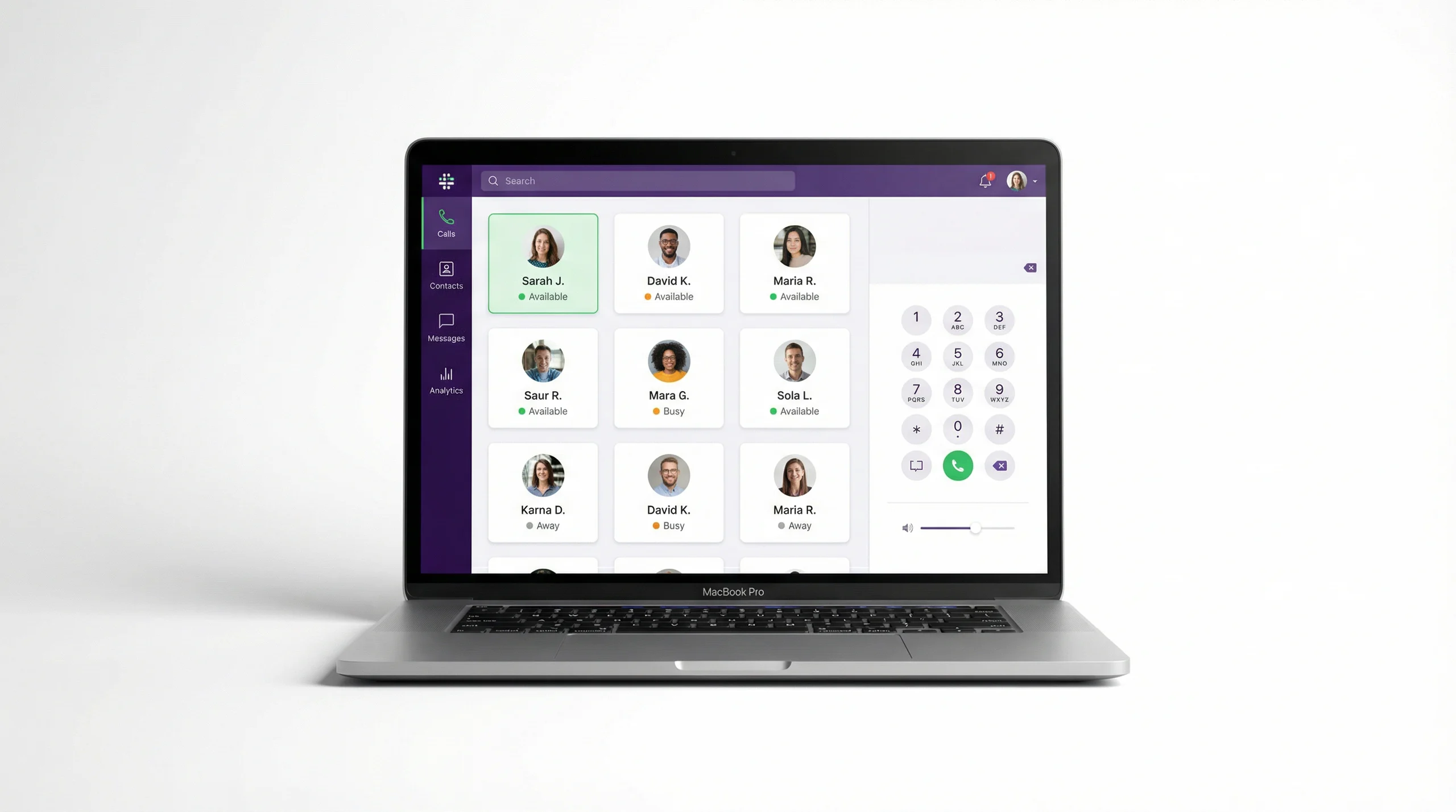 A cloud phone system running inside a browser on a laptop.
