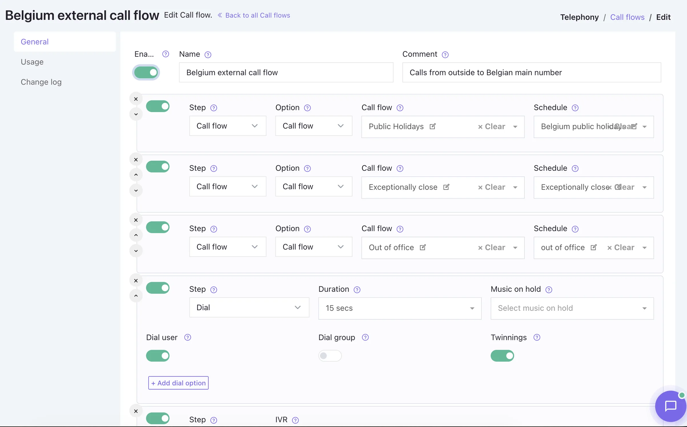 The Voxbi Cockpit call-flow editor, building a routing flow with steps, schedules, and IVR options.