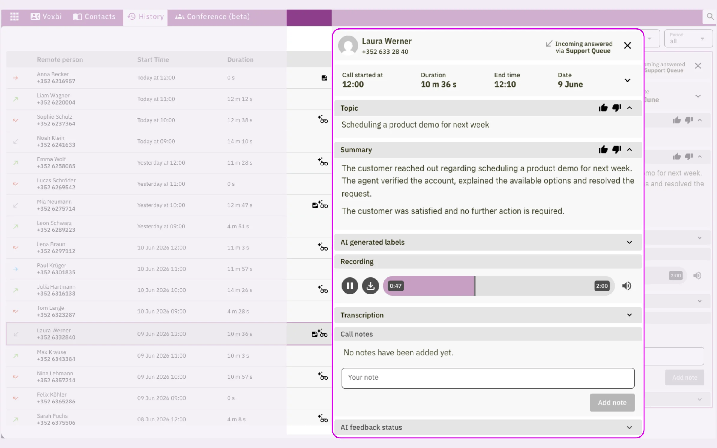 The Voxbi web app call history, with an AI transcription and summary for the selected call.